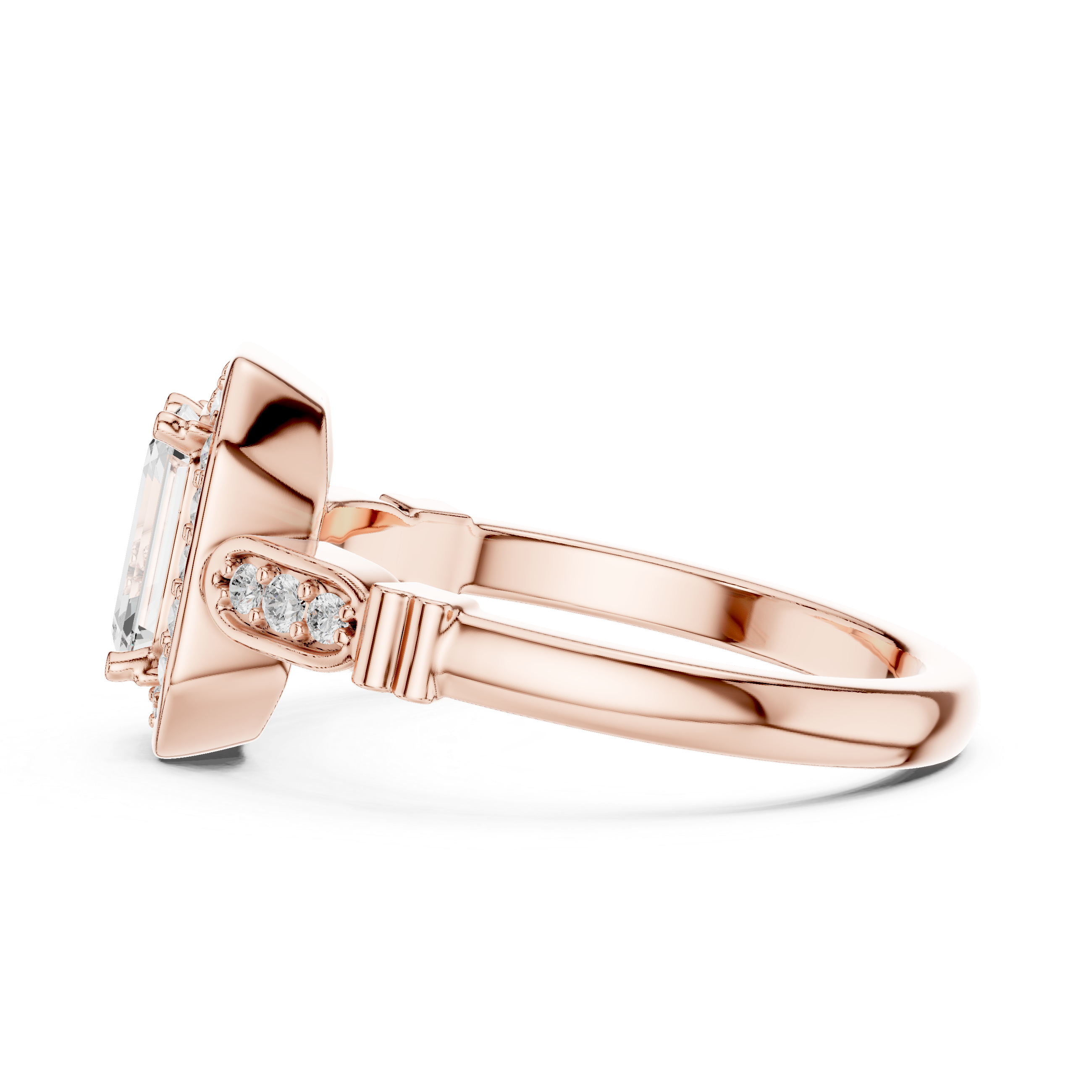 Vintage Style Emerald Cut Halo Ring with Rose Gold Finish