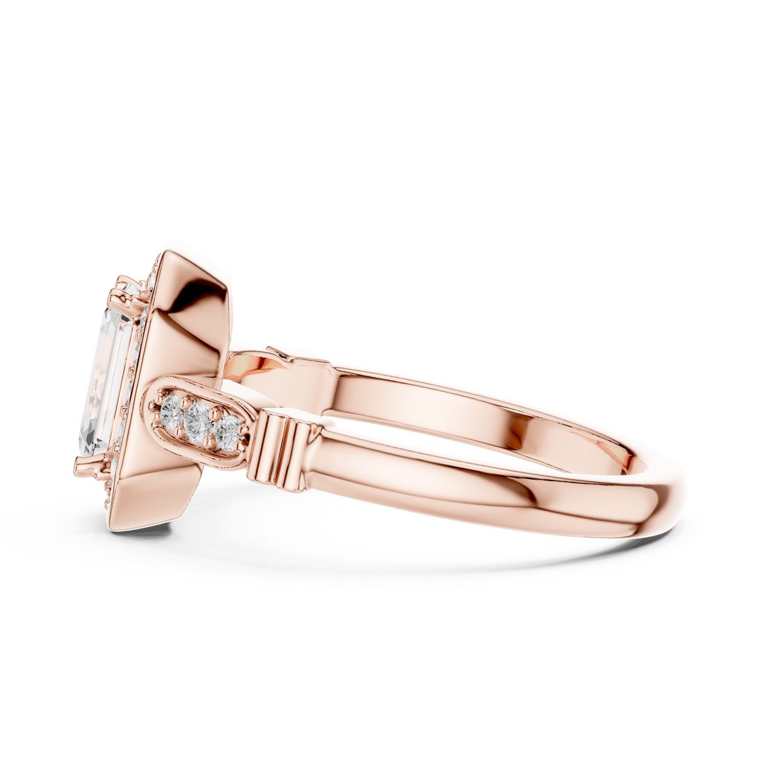 Vintage Style Emerald Cut Halo Ring with Rose Gold Finish