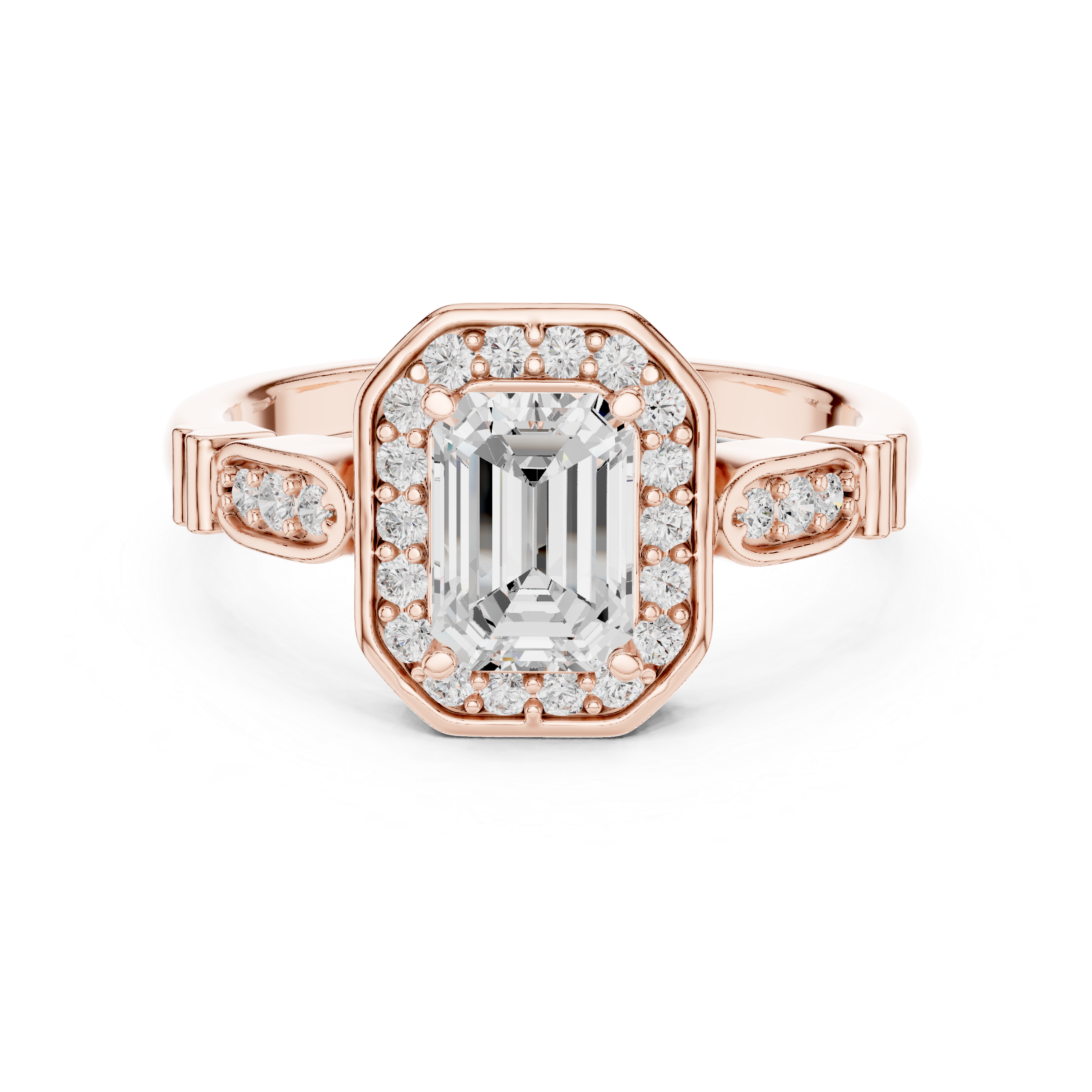 Vintage Style Emerald Cut Halo Ring with Rose Gold Finish