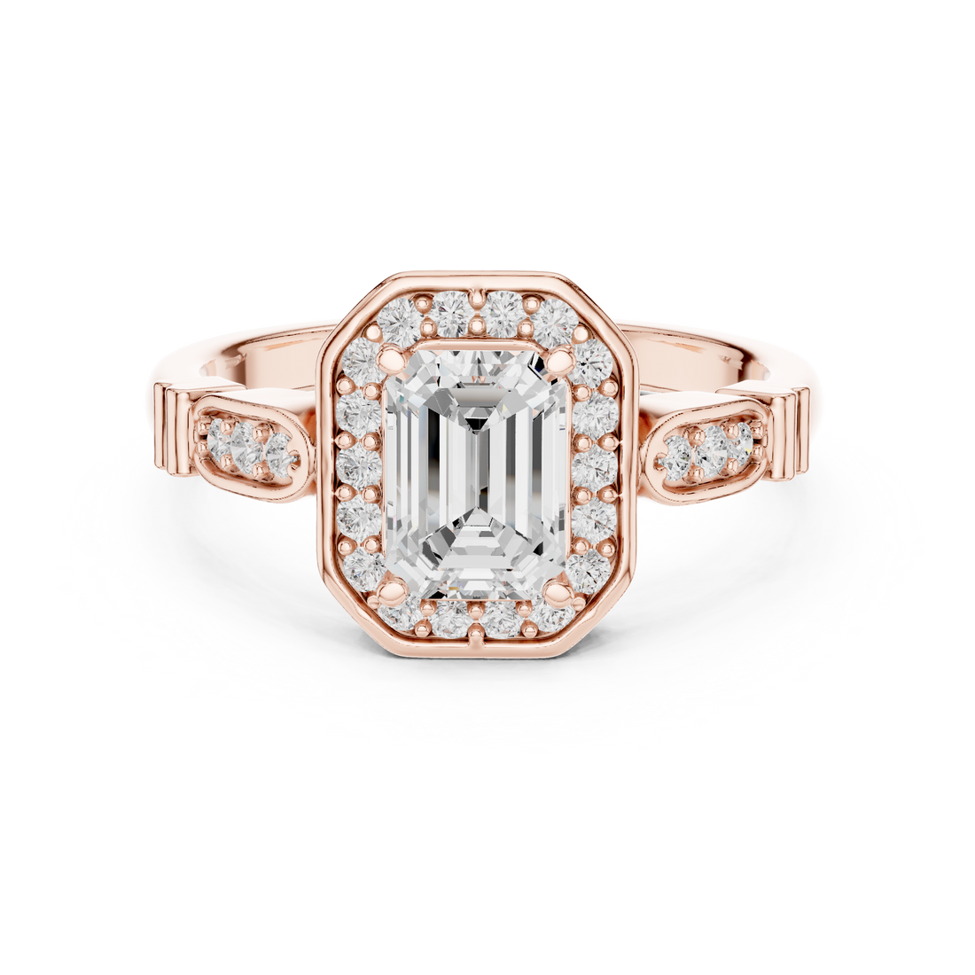 Vintage Style Emerald Cut Halo Ring with Rose Gold Finish
