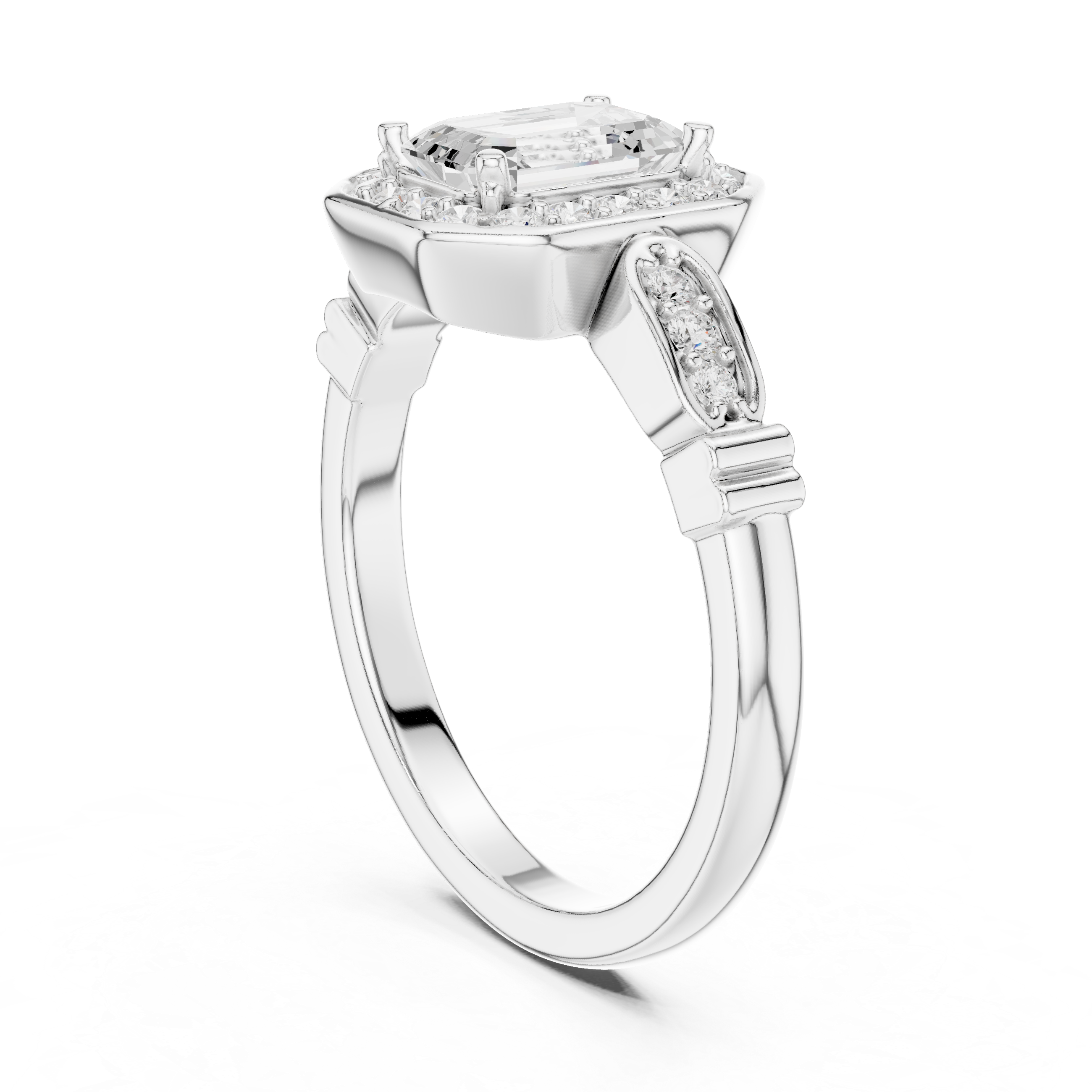 Vintage Style Emerald Cut Halo Ring with Rose Gold Finish
