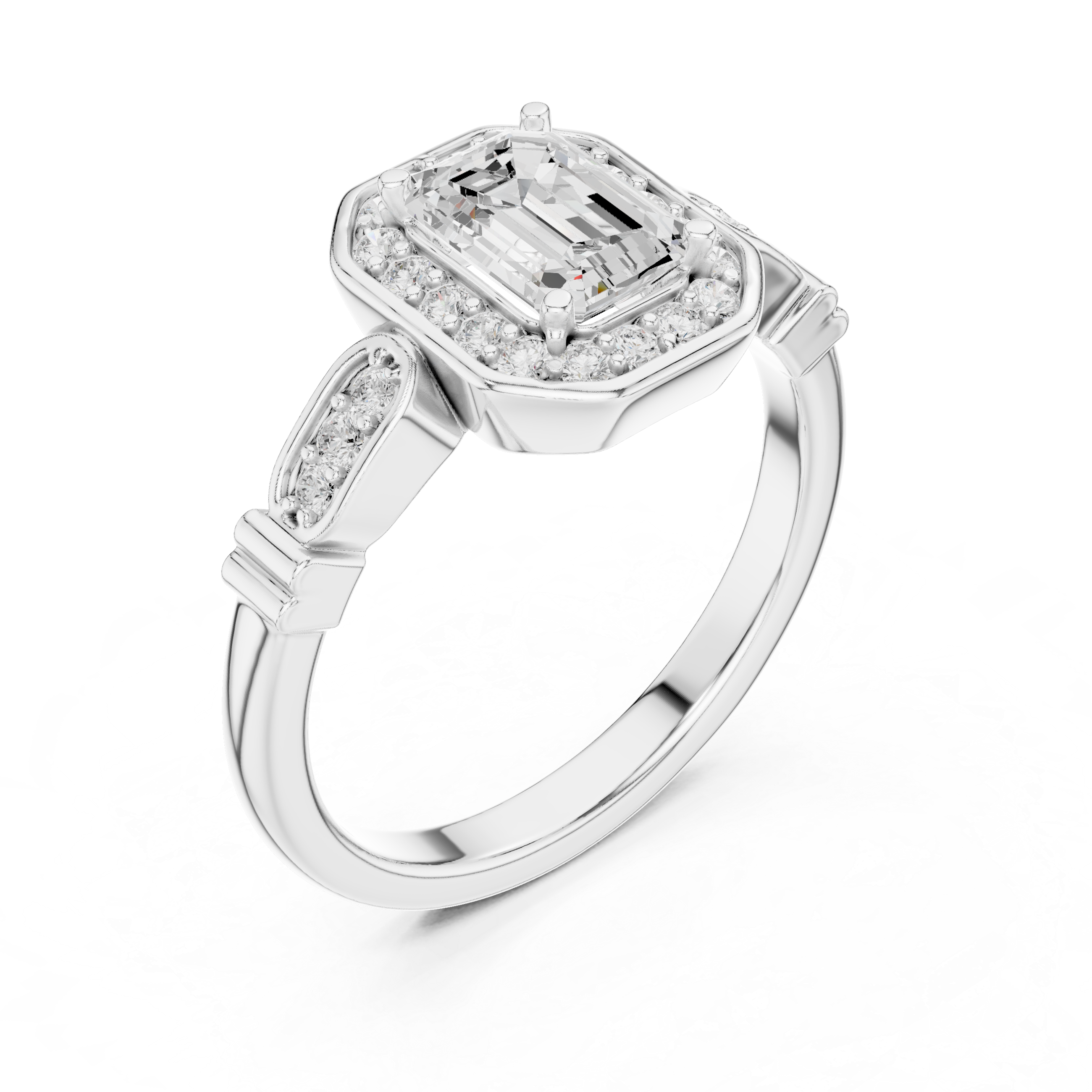 Vintage Style Emerald Cut Halo Ring with Rose Gold Finish