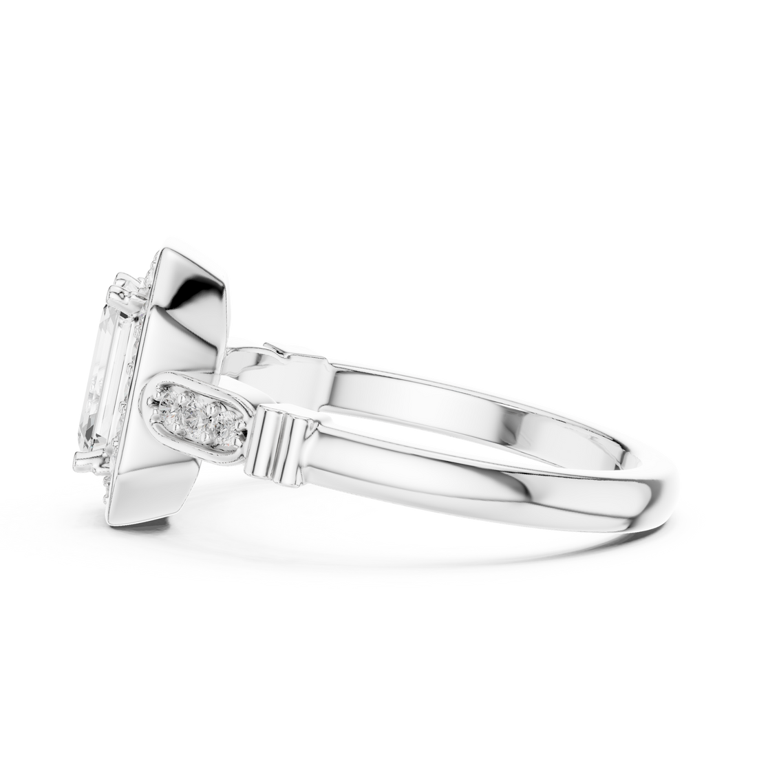 Vintage Style Emerald Cut Halo Ring with Rose Gold Finish