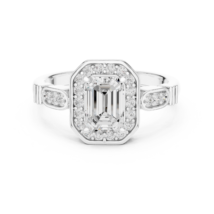 Vintage Style Emerald Cut Halo Ring with Rose Gold Finish