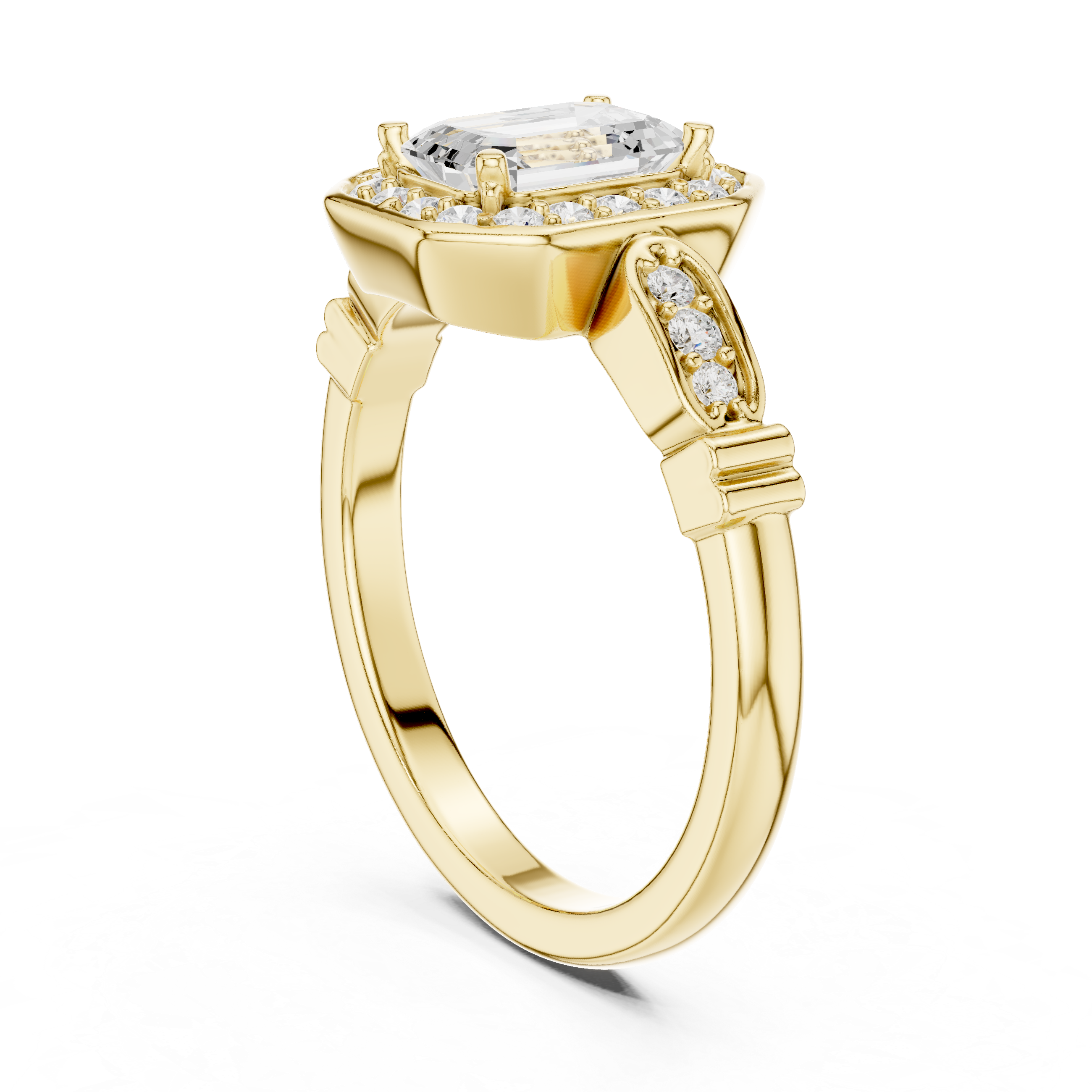 Vintage Style Emerald Cut Halo Ring with Rose Gold Finish