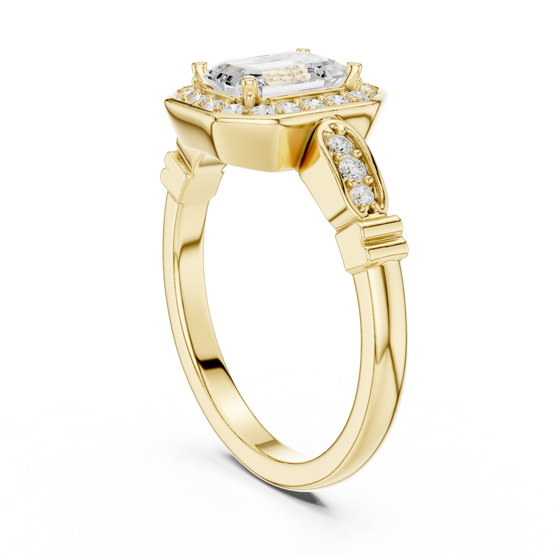 Vintage Style Emerald Cut Halo Ring with Rose Gold Finish