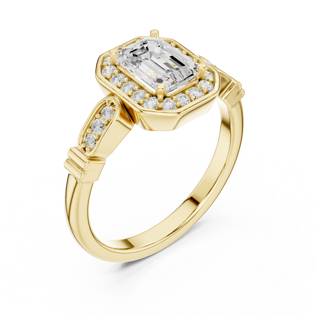 Vintage Style Emerald Cut Halo Ring with Rose Gold Finish