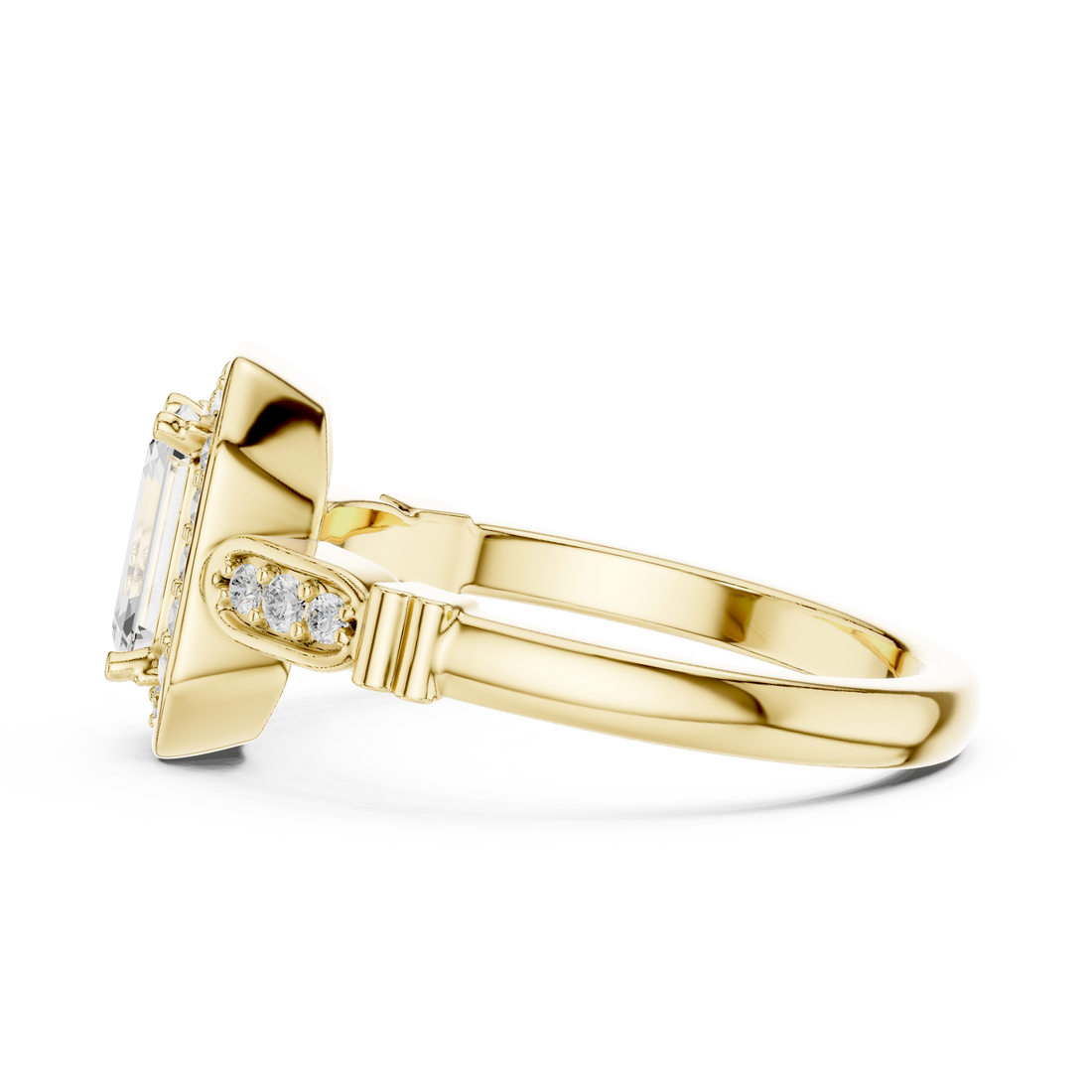 Vintage Style Emerald Cut Halo Ring with Rose Gold Finish