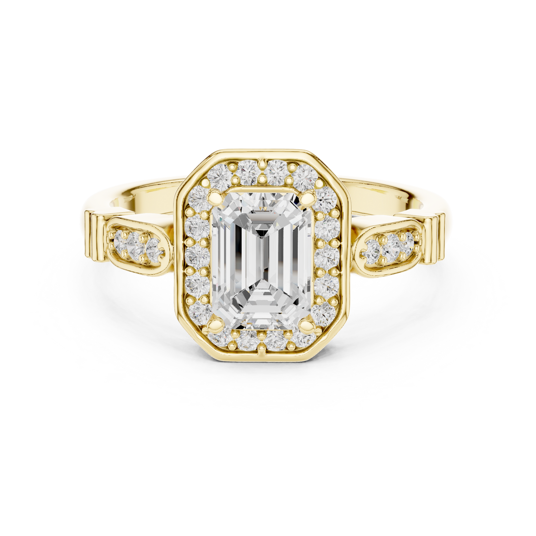 Vintage Style Emerald Cut Halo Ring with Rose Gold Finish