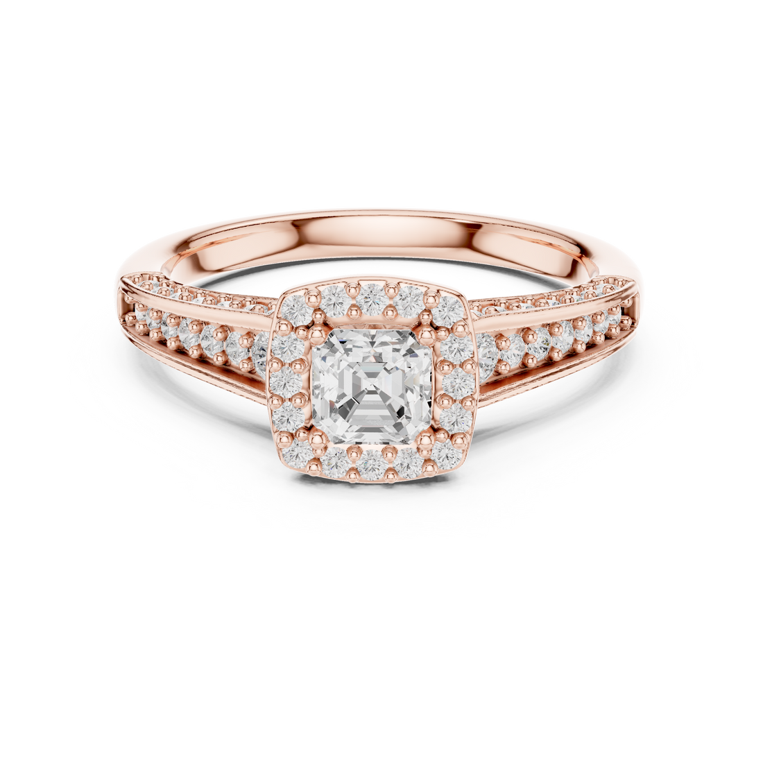 Modern Asscher Cut Engagement Ring with Halo & Accent Diamonds