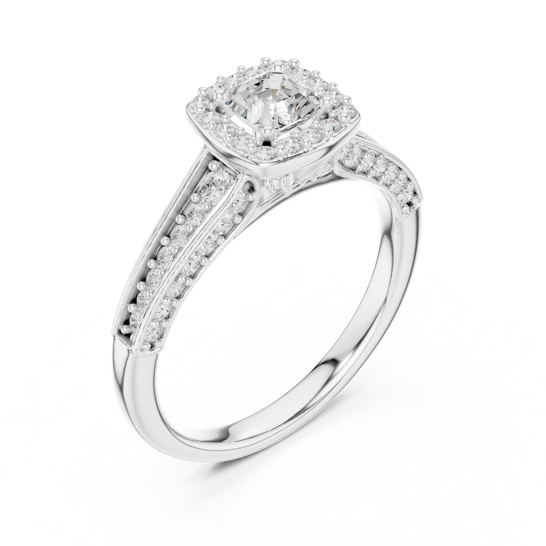 Modern Asscher Cut Engagement Ring with Halo & Accent Diamonds