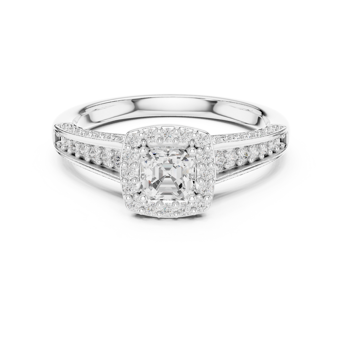 Modern Asscher Cut Engagement Ring with Halo & Accent Diamonds
