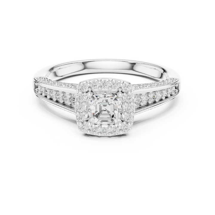 Modern Asscher Cut Engagement Ring with Halo & Accent Diamonds