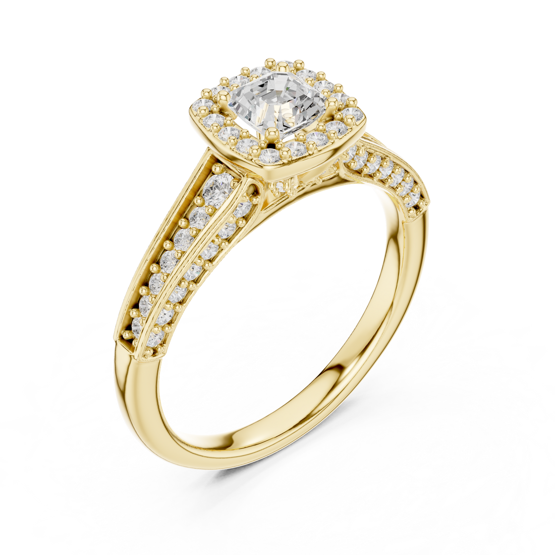 Modern Asscher Cut Engagement Ring with Halo & Accent Diamonds