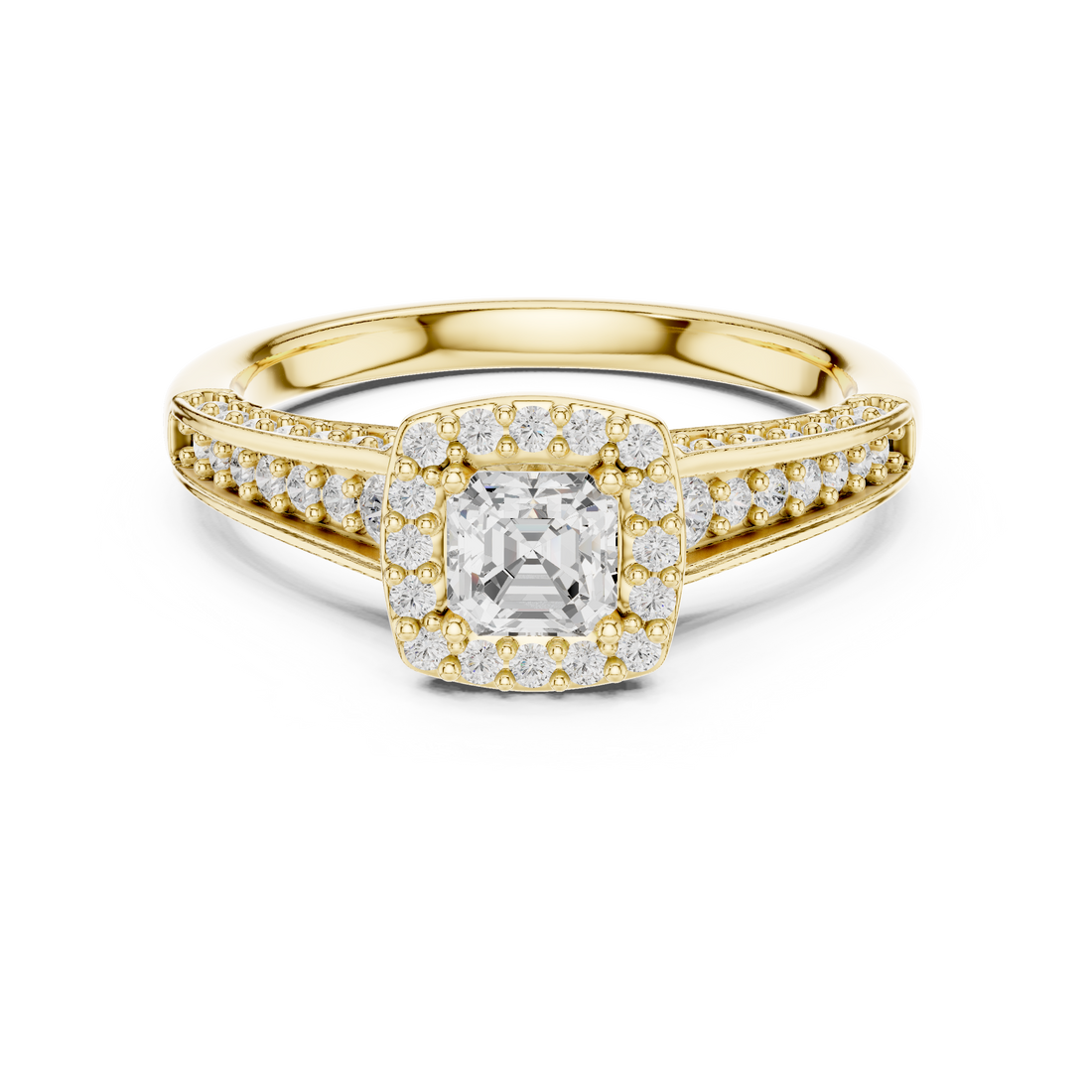 Modern Asscher Cut Engagement Ring with Halo & Accent Diamonds