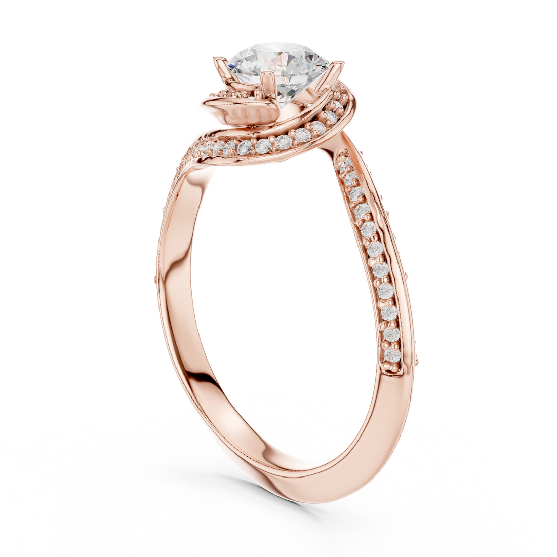 Trendy Twist Halo Diamond Ring with Open Bypass Design