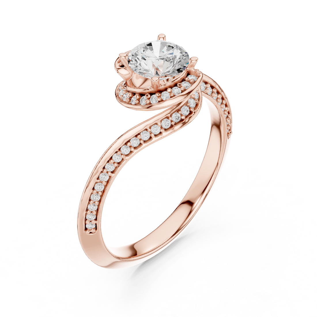Trendy Twist Halo Diamond Ring with Open Bypass Design