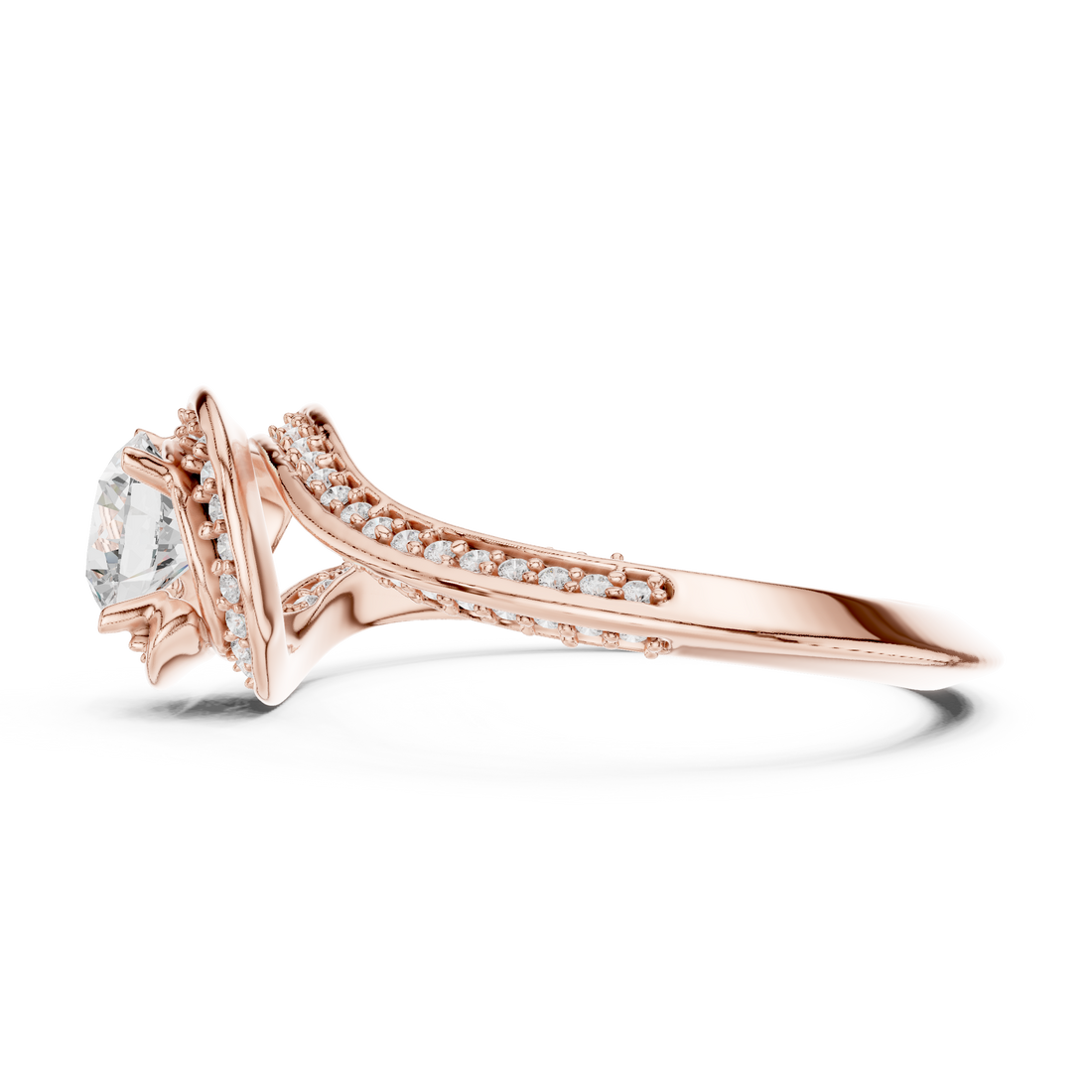Trendy Twist Halo Diamond Ring with Open Bypass Design