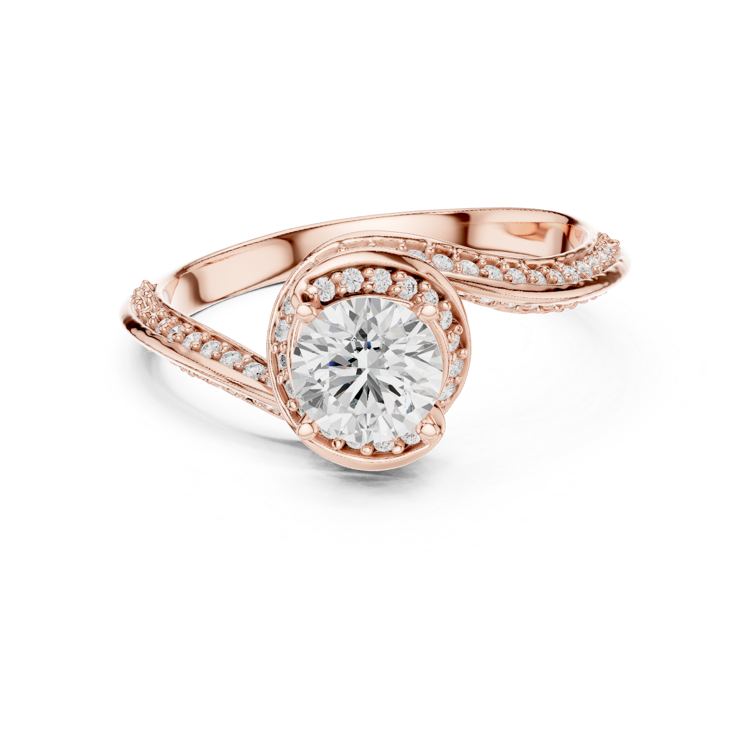 Trendy Twist Halo Diamond Ring with Open Bypass Design