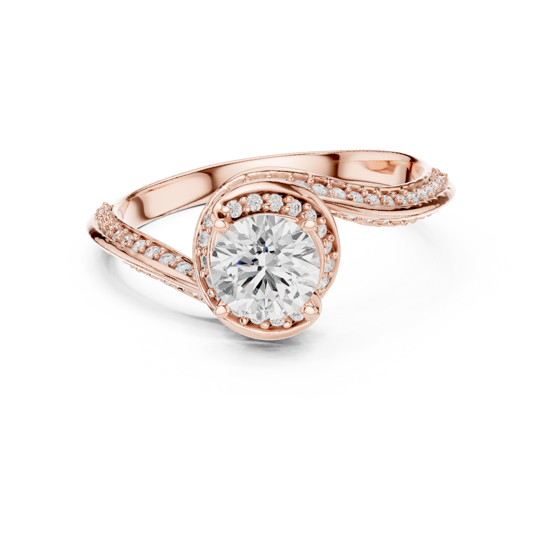 Trendy Twist Halo Diamond Ring with Open Bypass Design