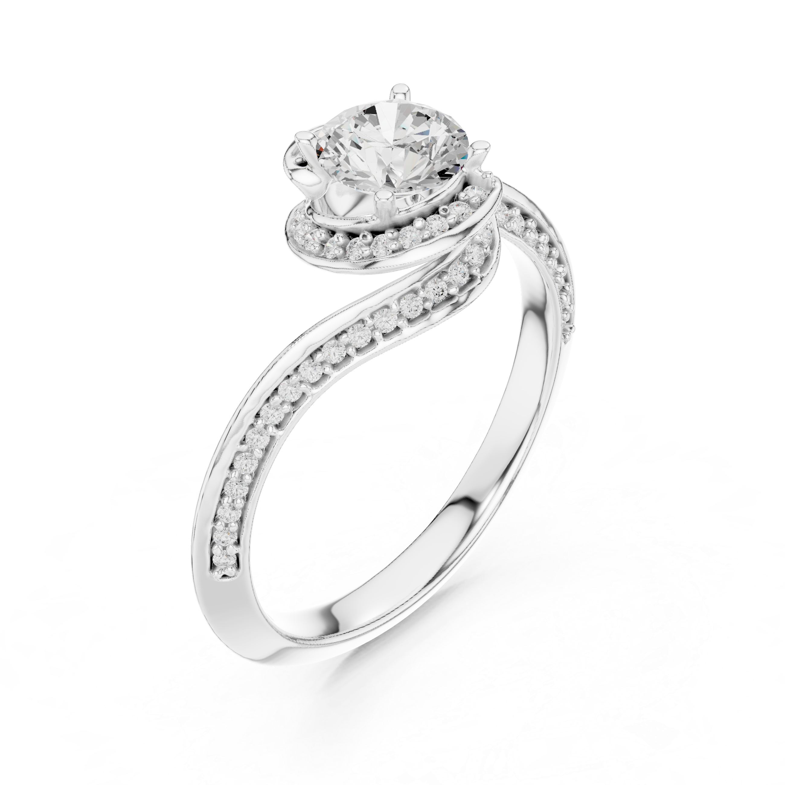 Trendy Twist Halo Diamond Ring with Open Bypass Design