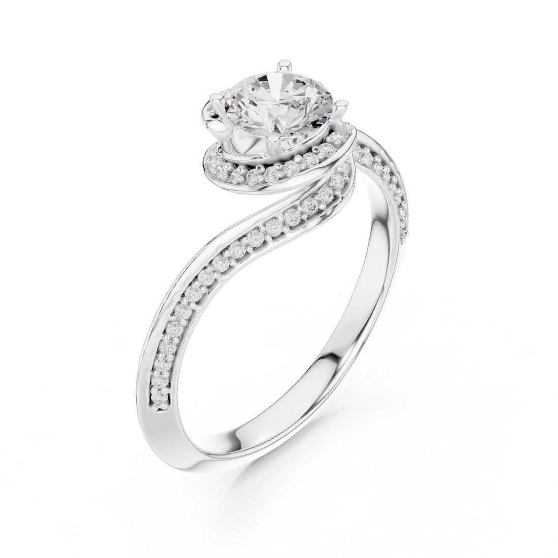 Trendy Twist Halo Diamond Ring with Open Bypass Design