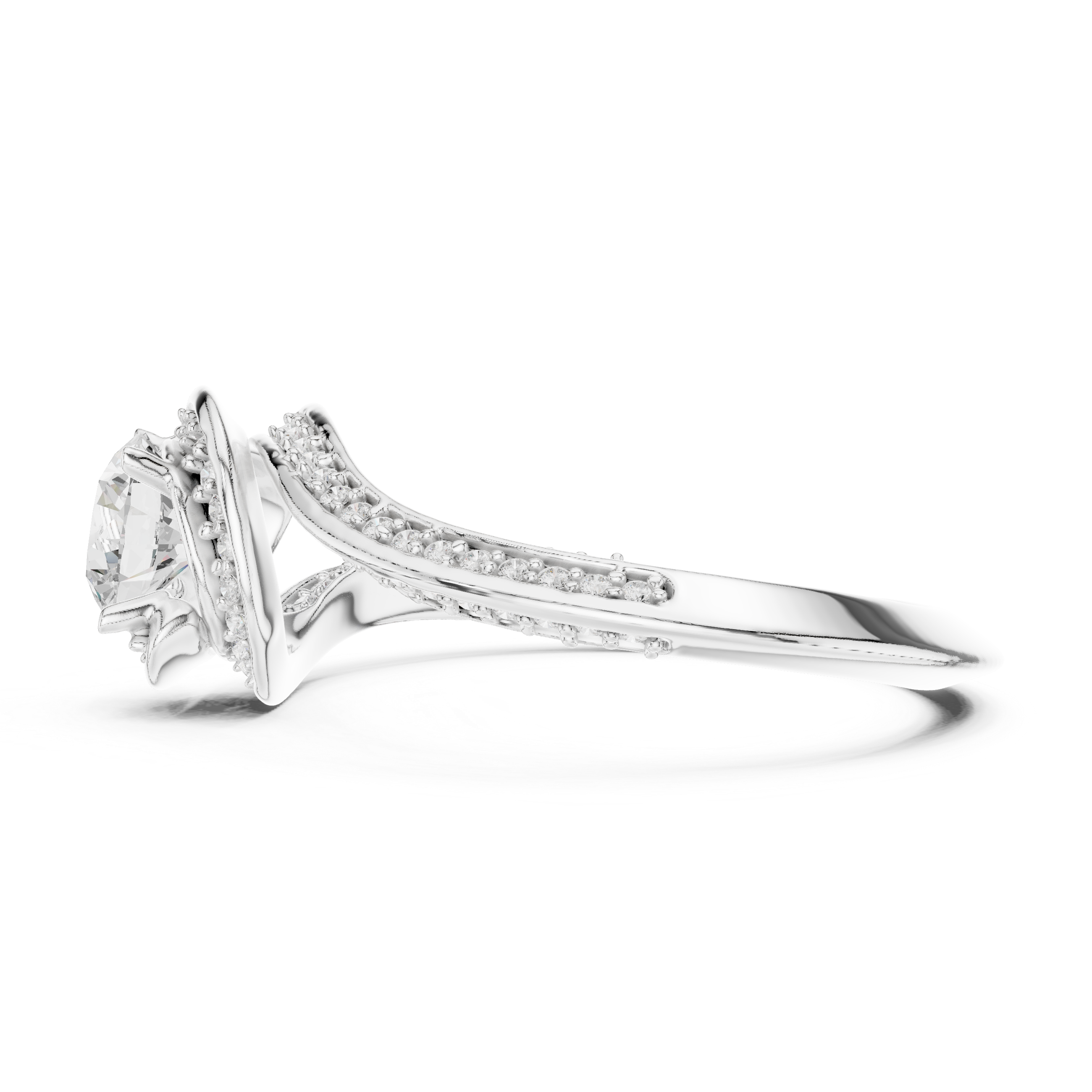 Trendy Twist Halo Diamond Ring with Open Bypass Design