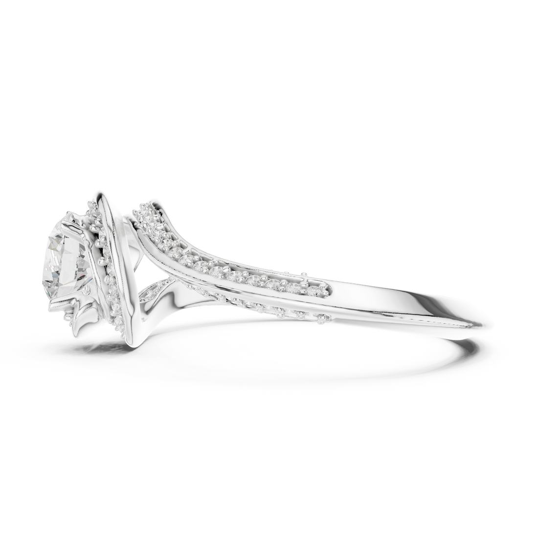 Trendy Twist Halo Diamond Ring with Open Bypass Design