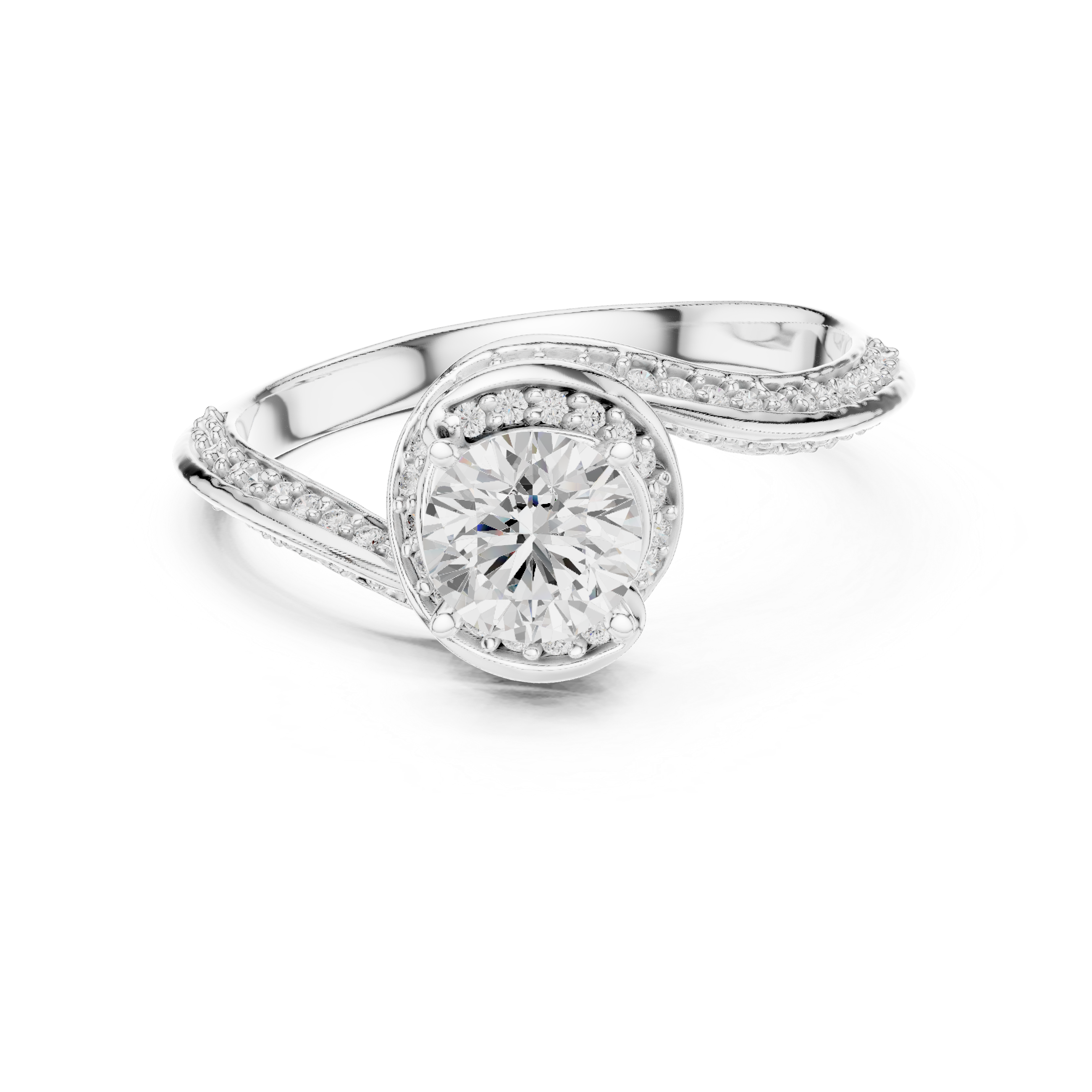 Trendy Twist Halo Diamond Ring with Open Bypass Design