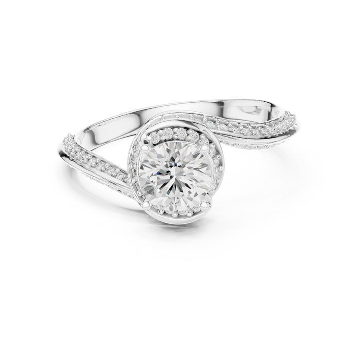 Trendy Twist Halo Diamond Ring with Open Bypass Design
