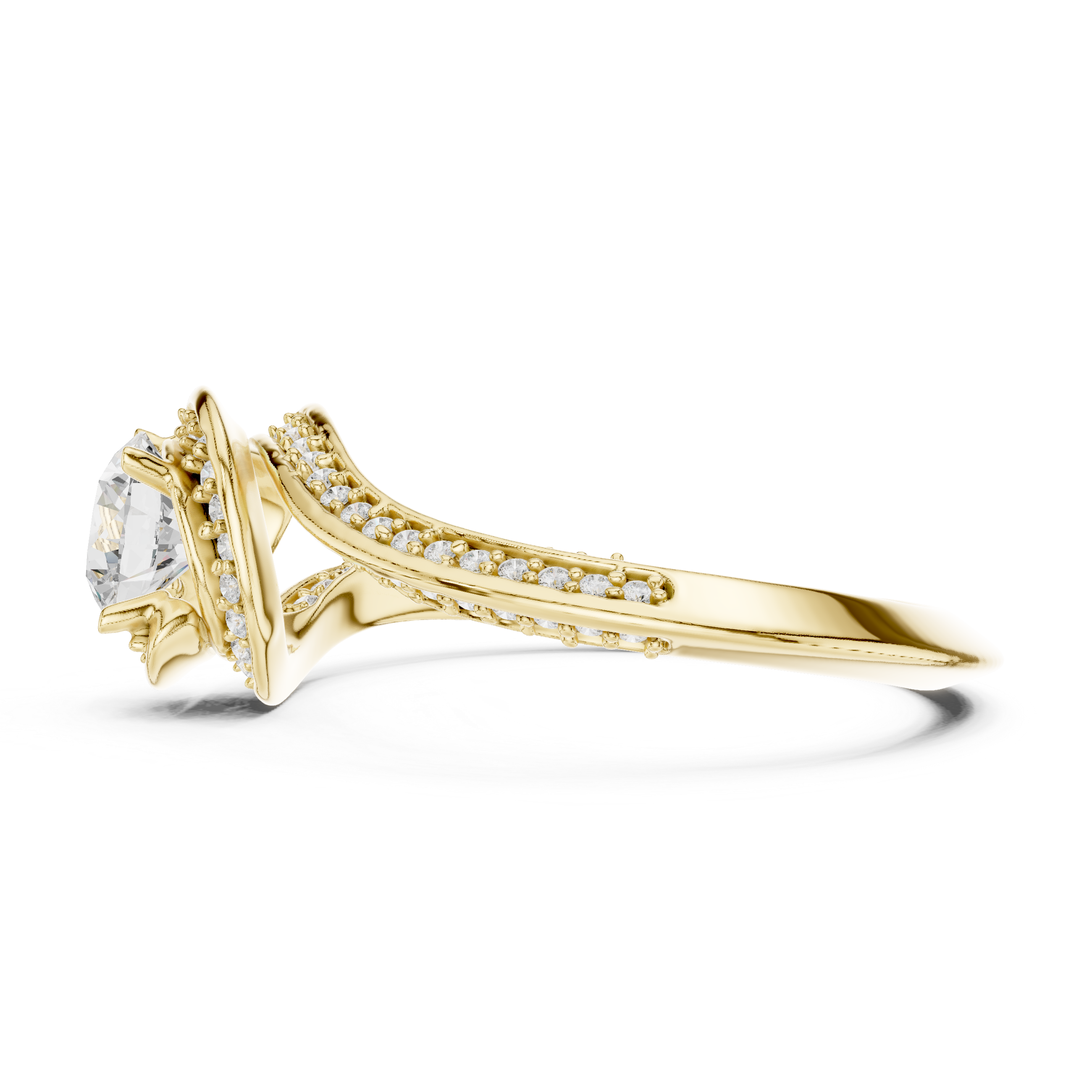 Trendy Twist Halo Diamond Ring with Open Bypass Design