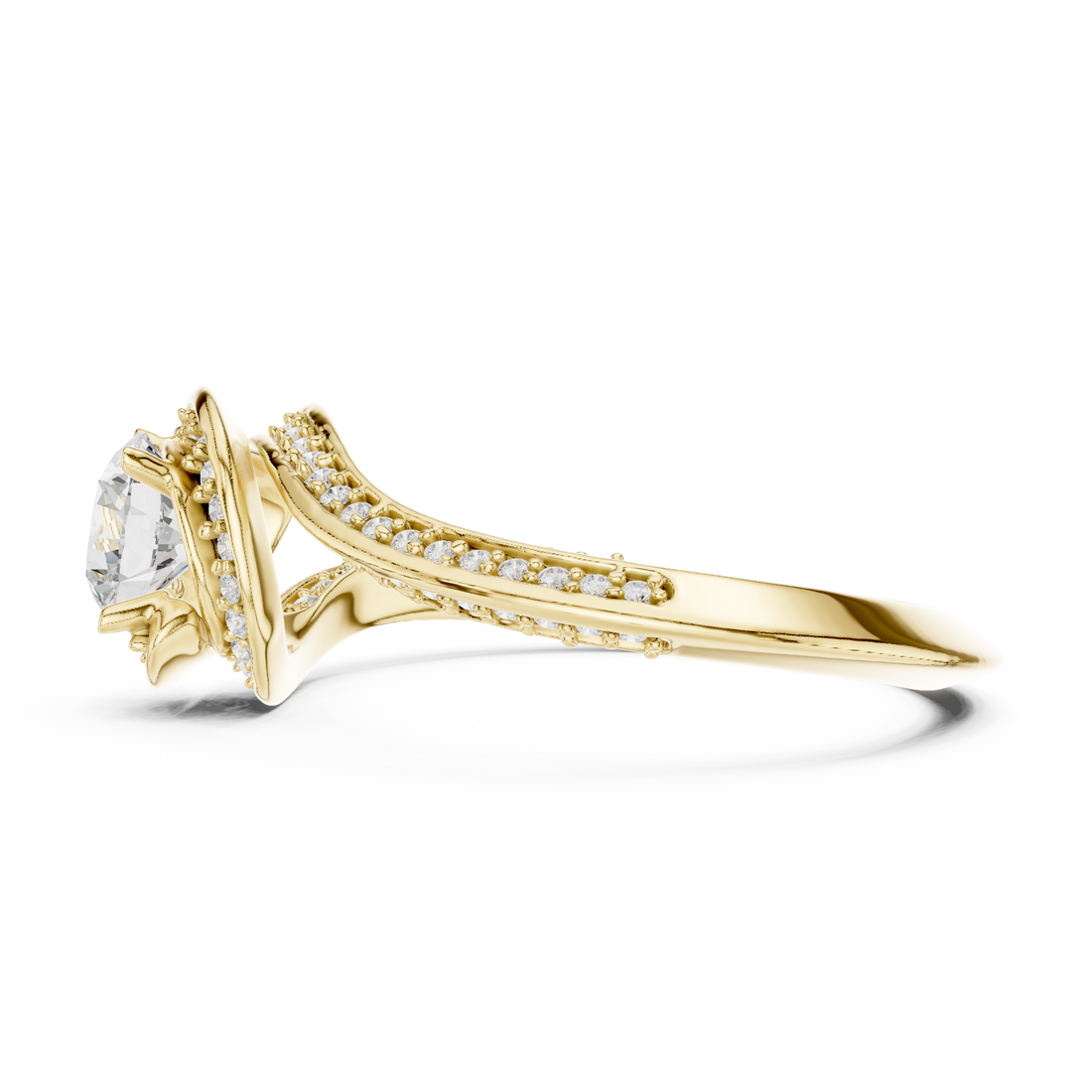 Trendy Twist Halo Diamond Ring with Open Bypass Design