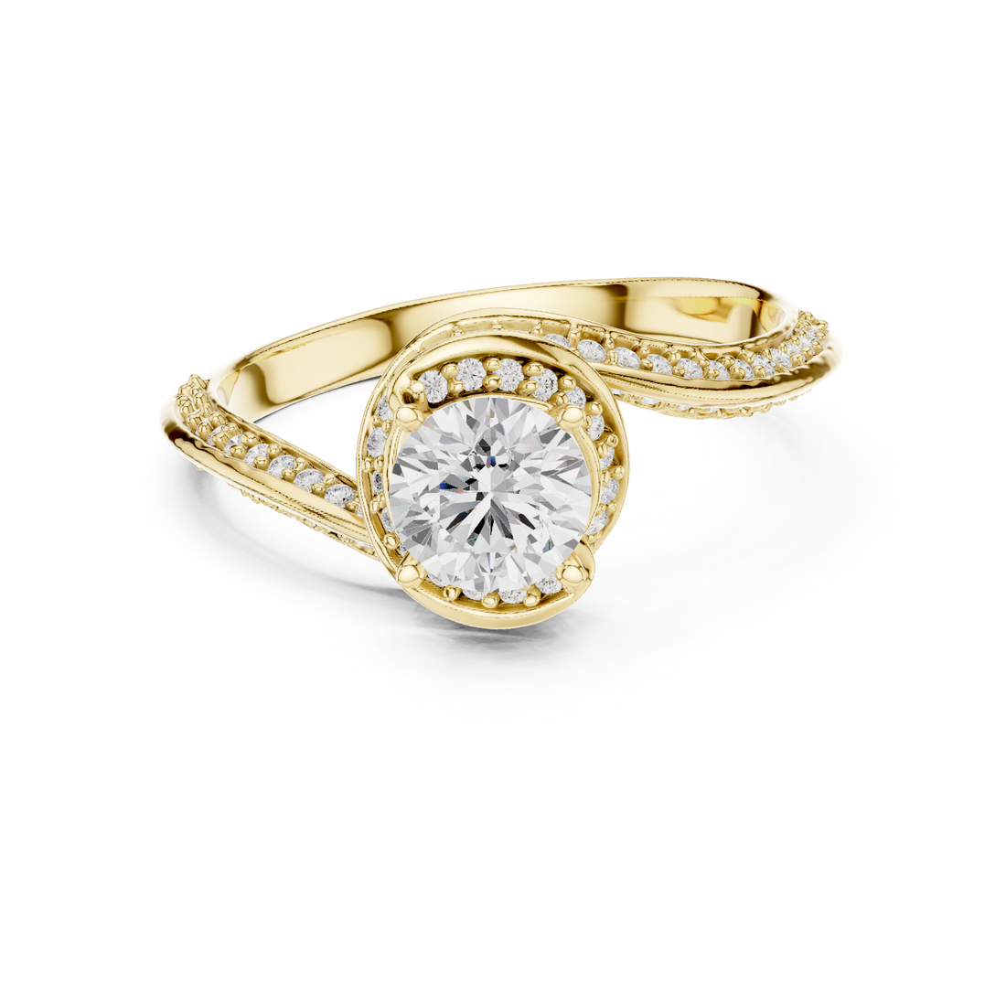 Trendy Twist Halo Diamond Ring with Open Bypass Design