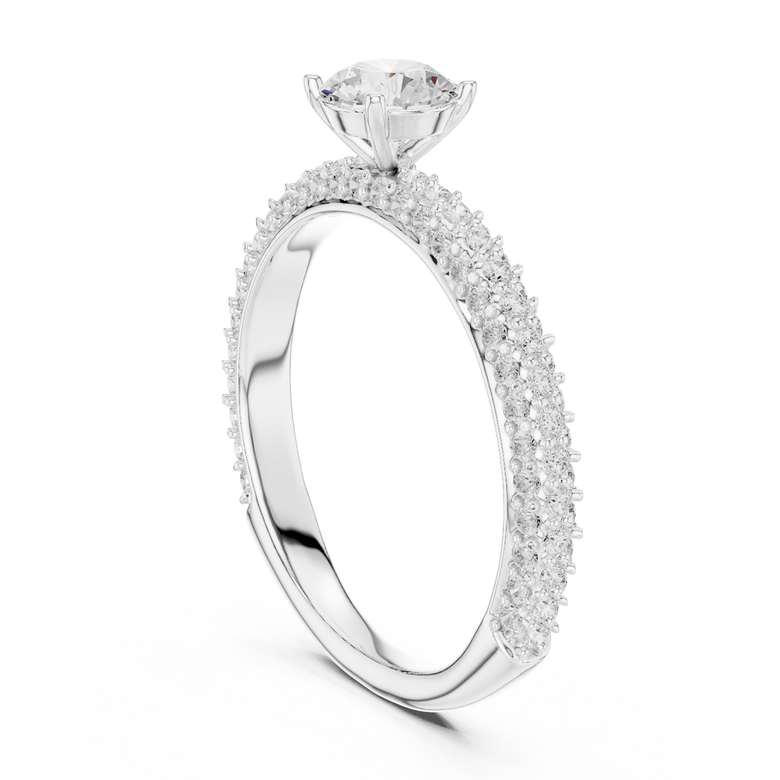 Refined Round Cut Solitaire Ring with Sleek Diamond Pave Band