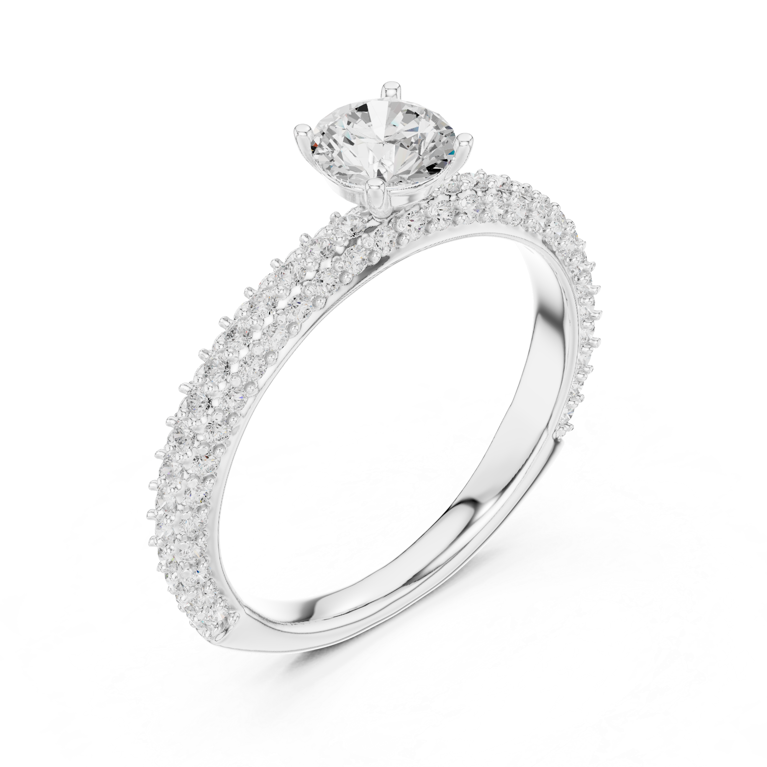 Refined Round Cut Solitaire Ring with Sleek Diamond Pave Band
