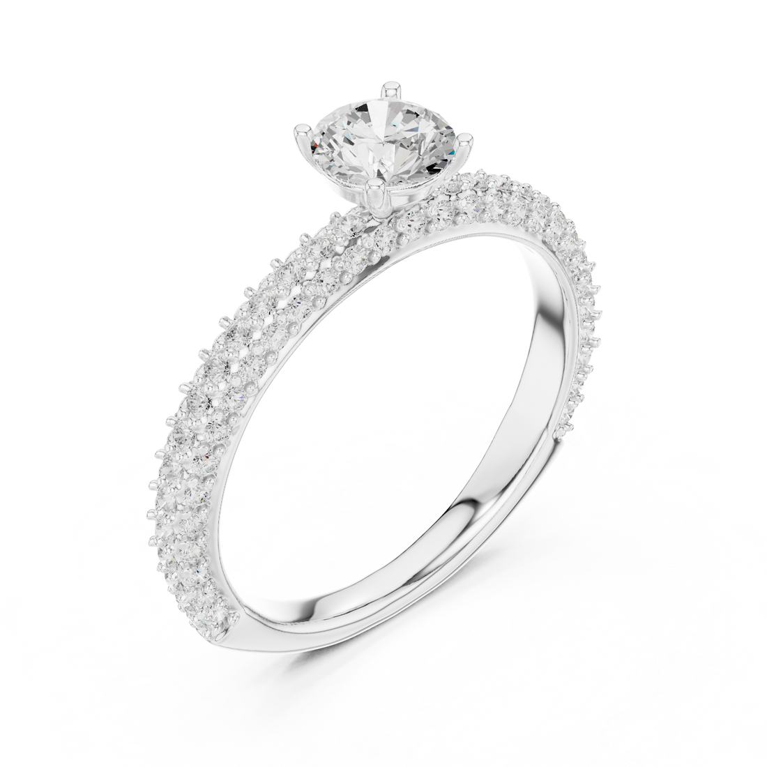 Refined Round Cut Solitaire Ring with Sleek Diamond Pave Band