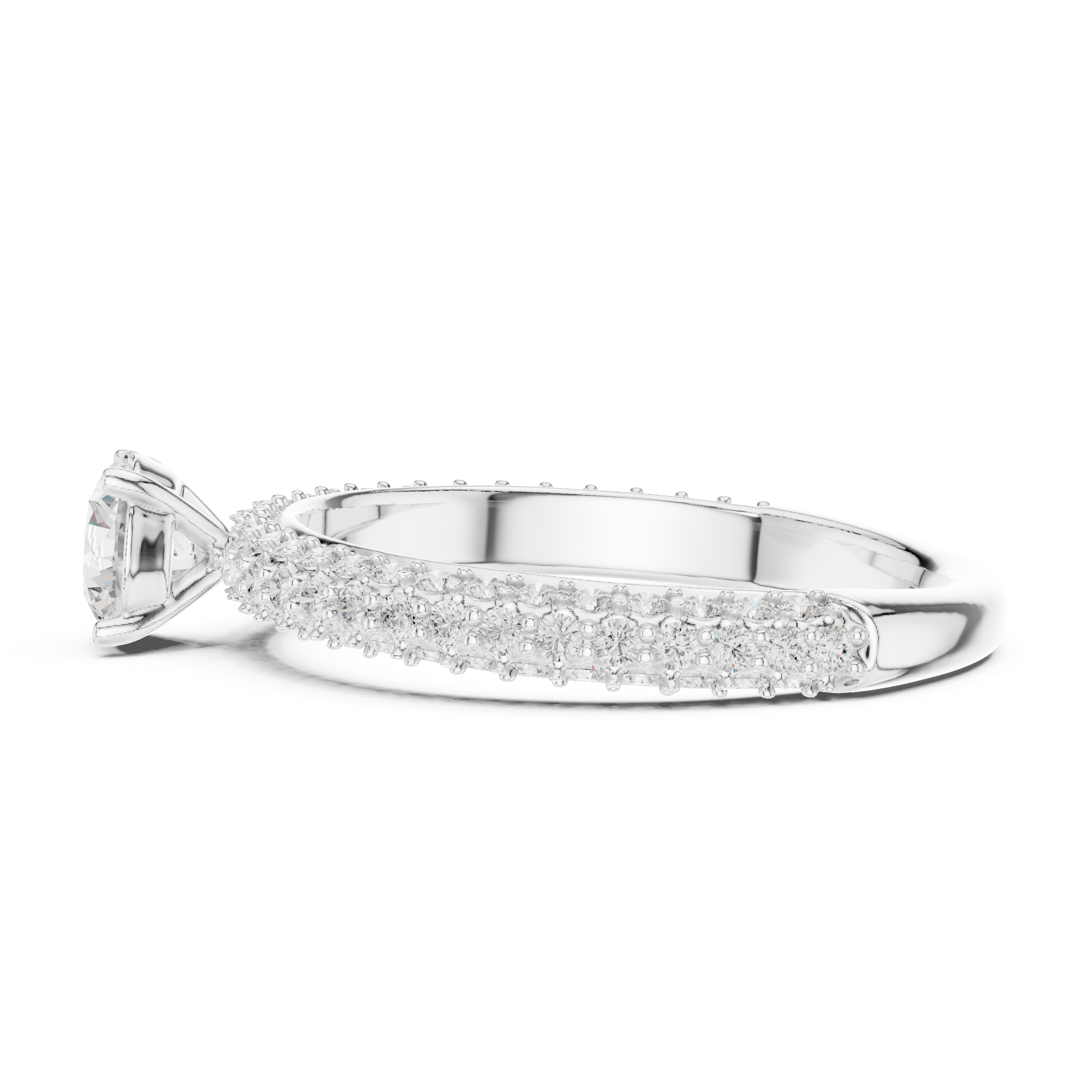 Refined Round Cut Solitaire Ring with Sleek Diamond Pave Band