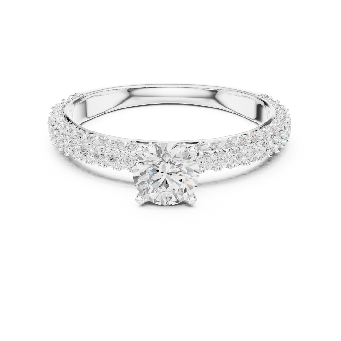 Refined Round Cut Solitaire Ring with Sleek Diamond Pave Band