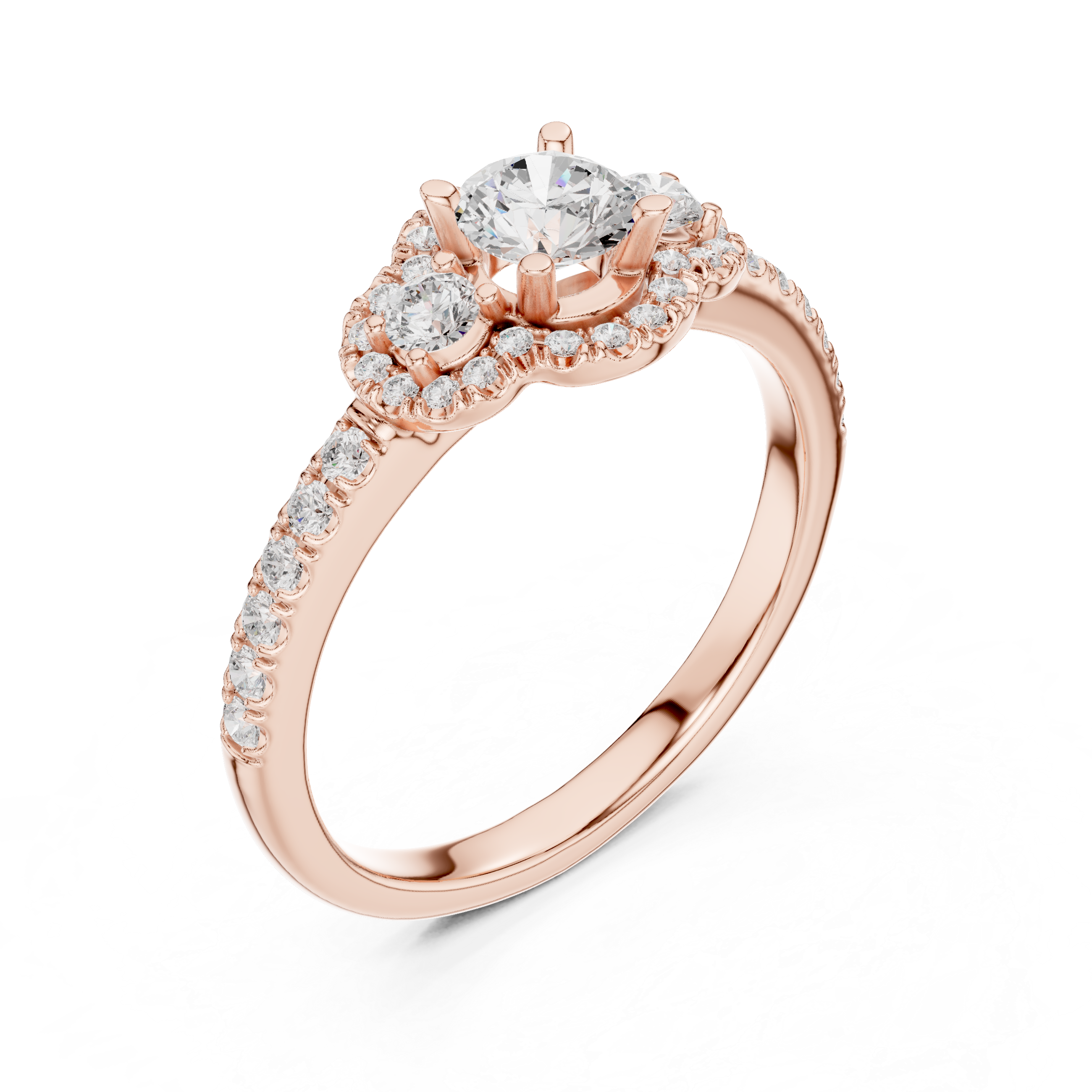 Trio Diamond Halo Ring with Sparkling Side Stones