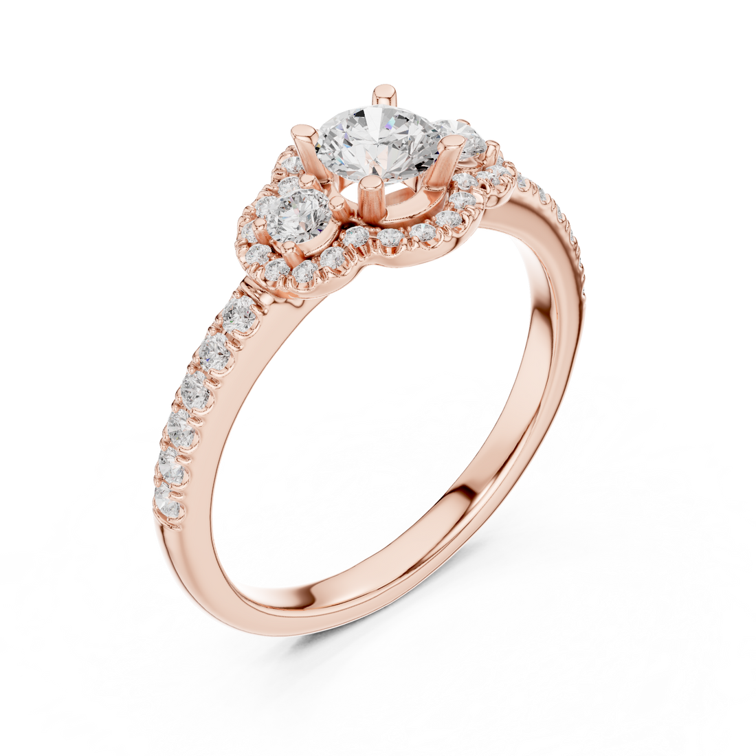 Trio Diamond Halo Ring with Sparkling Side Stones