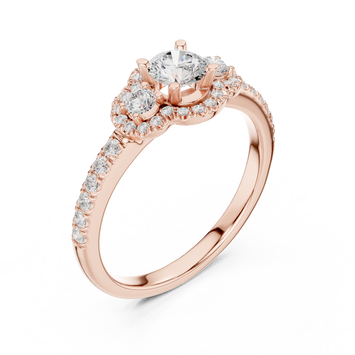 Trio Diamond Halo Ring with Sparkling Side Stones