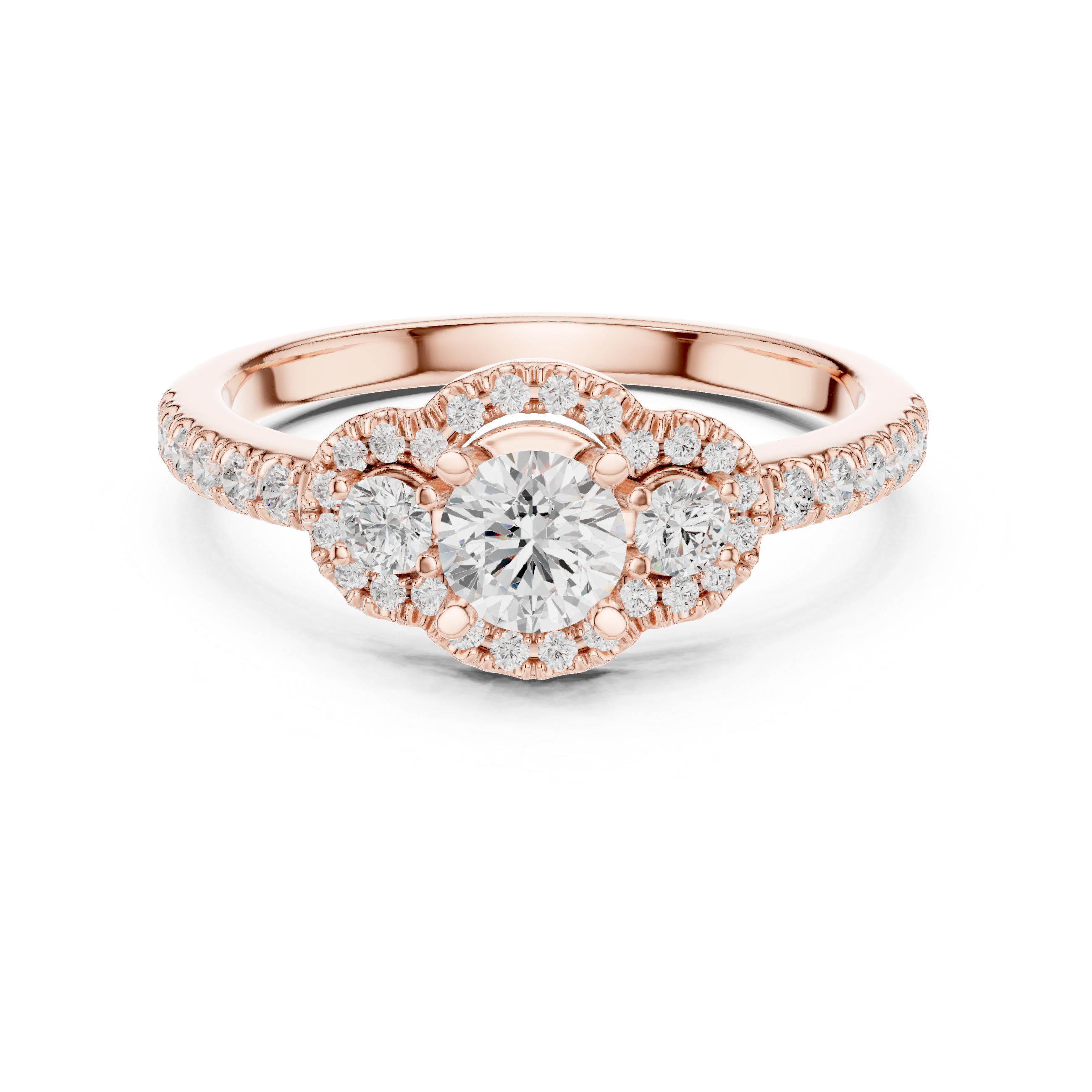 Trio Diamond Halo Ring with Sparkling Side Stones