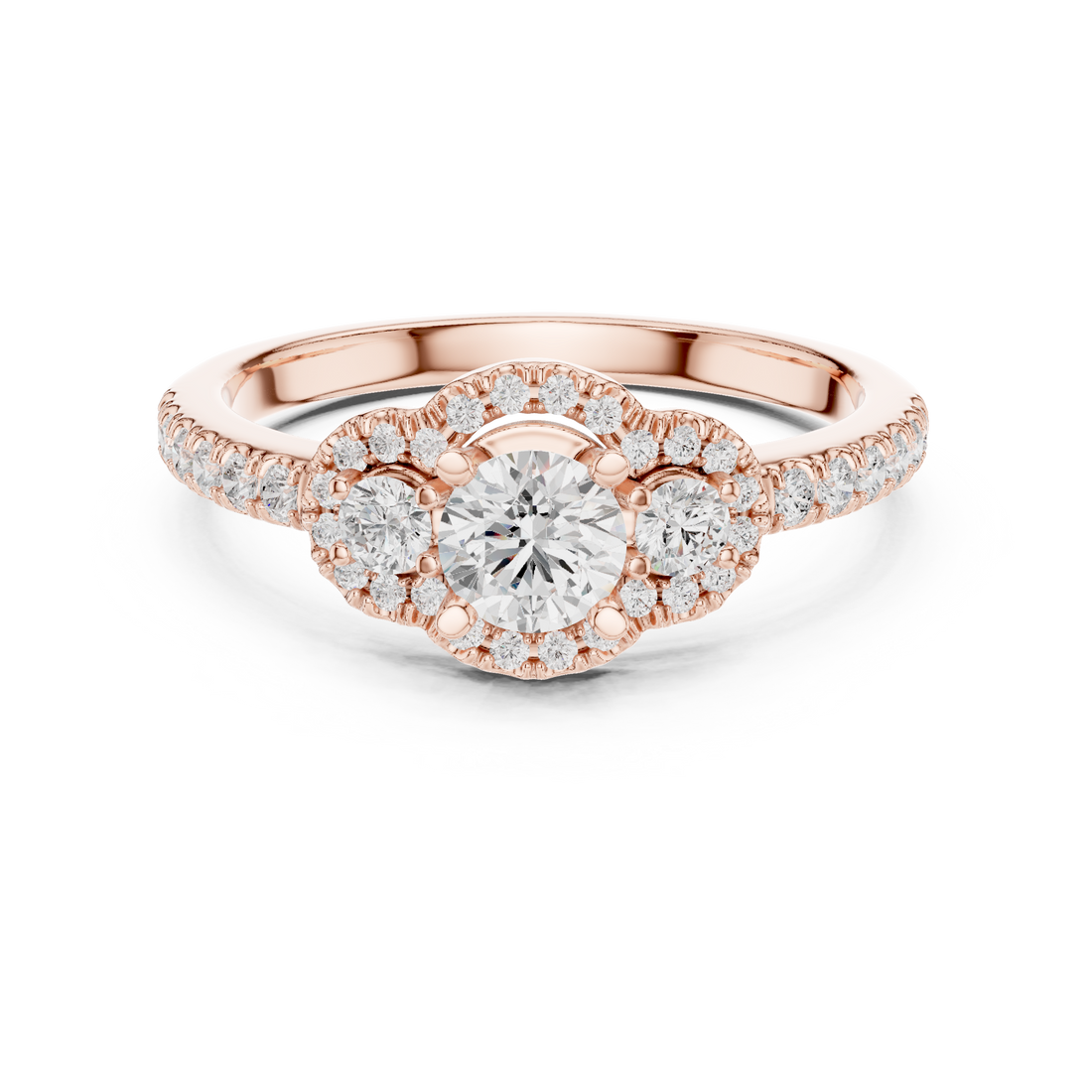 Trio Diamond Halo Ring with Sparkling Side Stones
