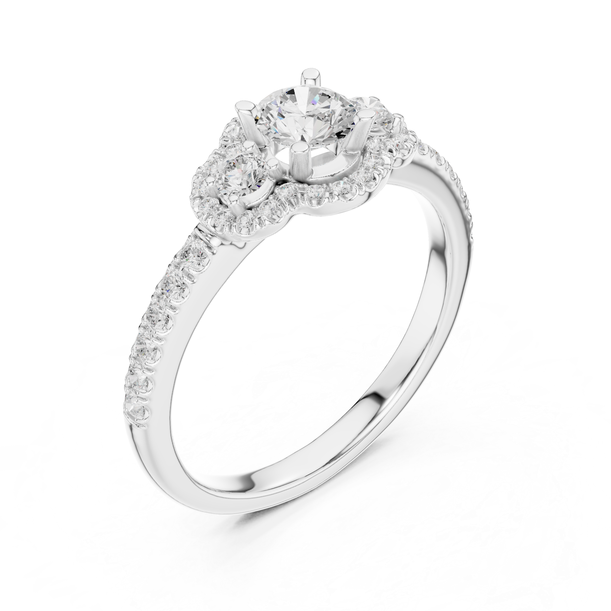 Trio Diamond Halo Ring with Sparkling Side Stones