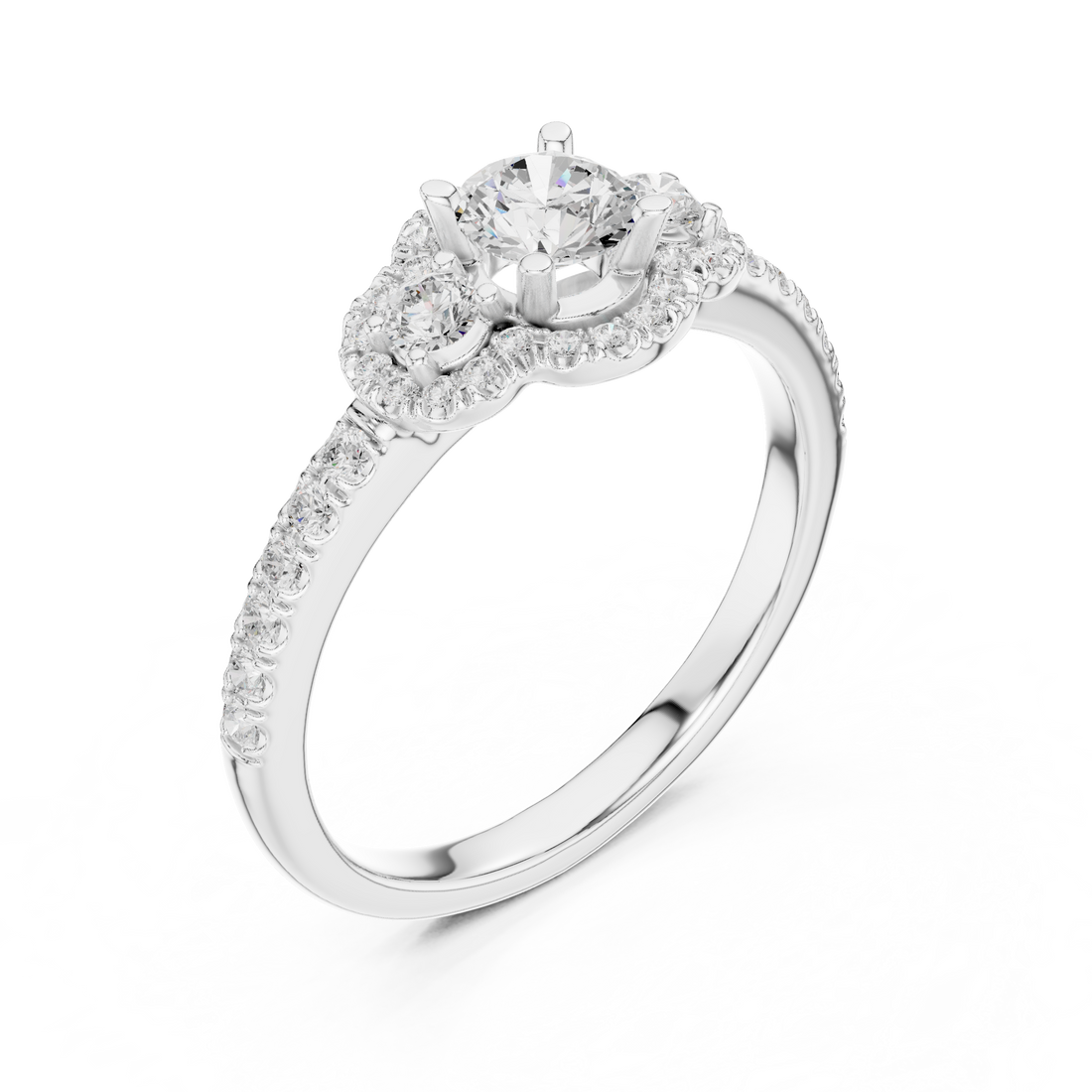 Trio Diamond Halo Ring with Sparkling Side Stones
