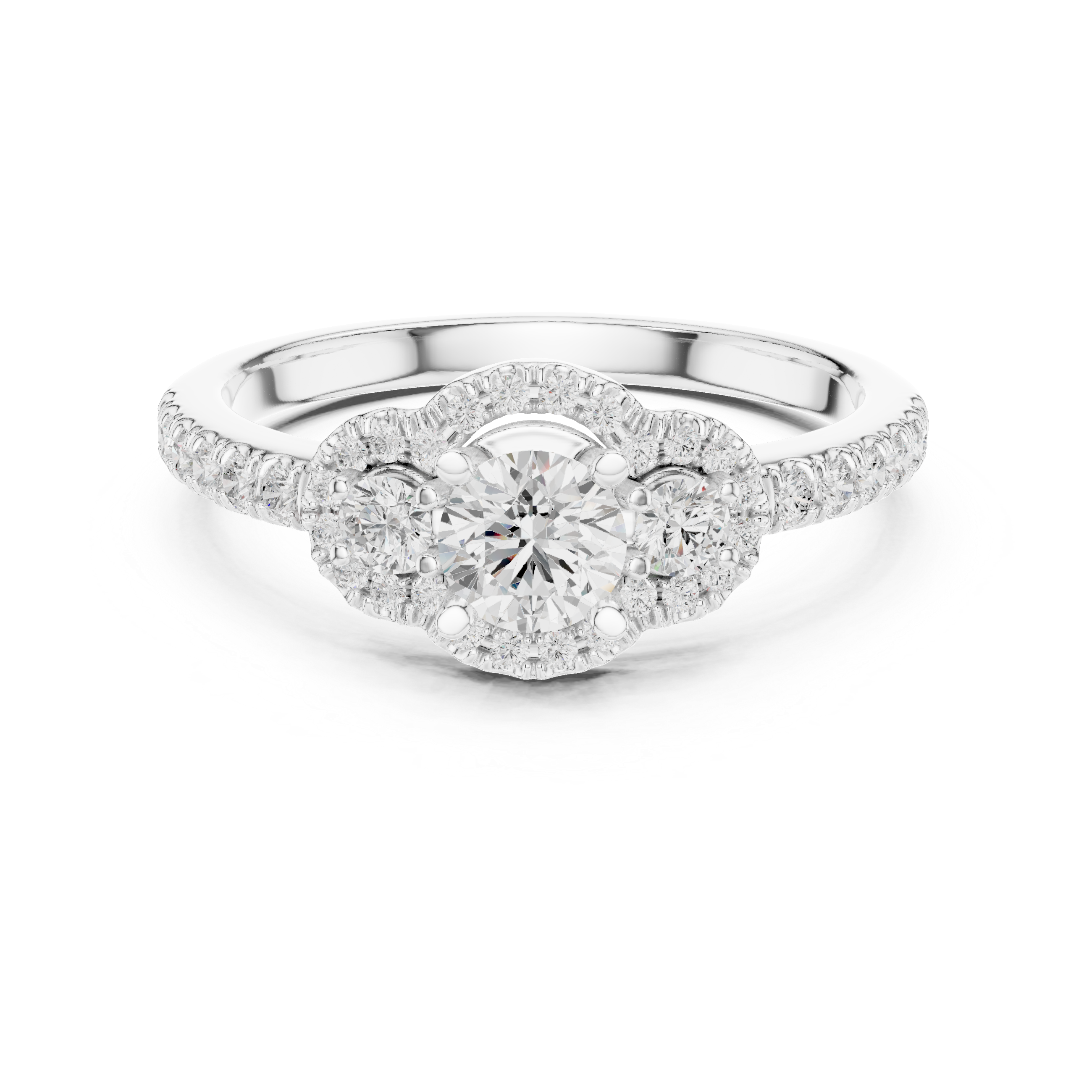 Trio Diamond Halo Ring with Sparkling Side Stones