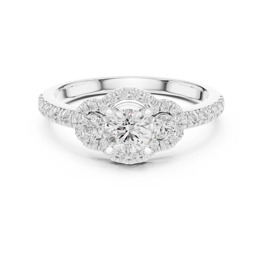 Trio Diamond Halo Ring with Sparkling Side Stones