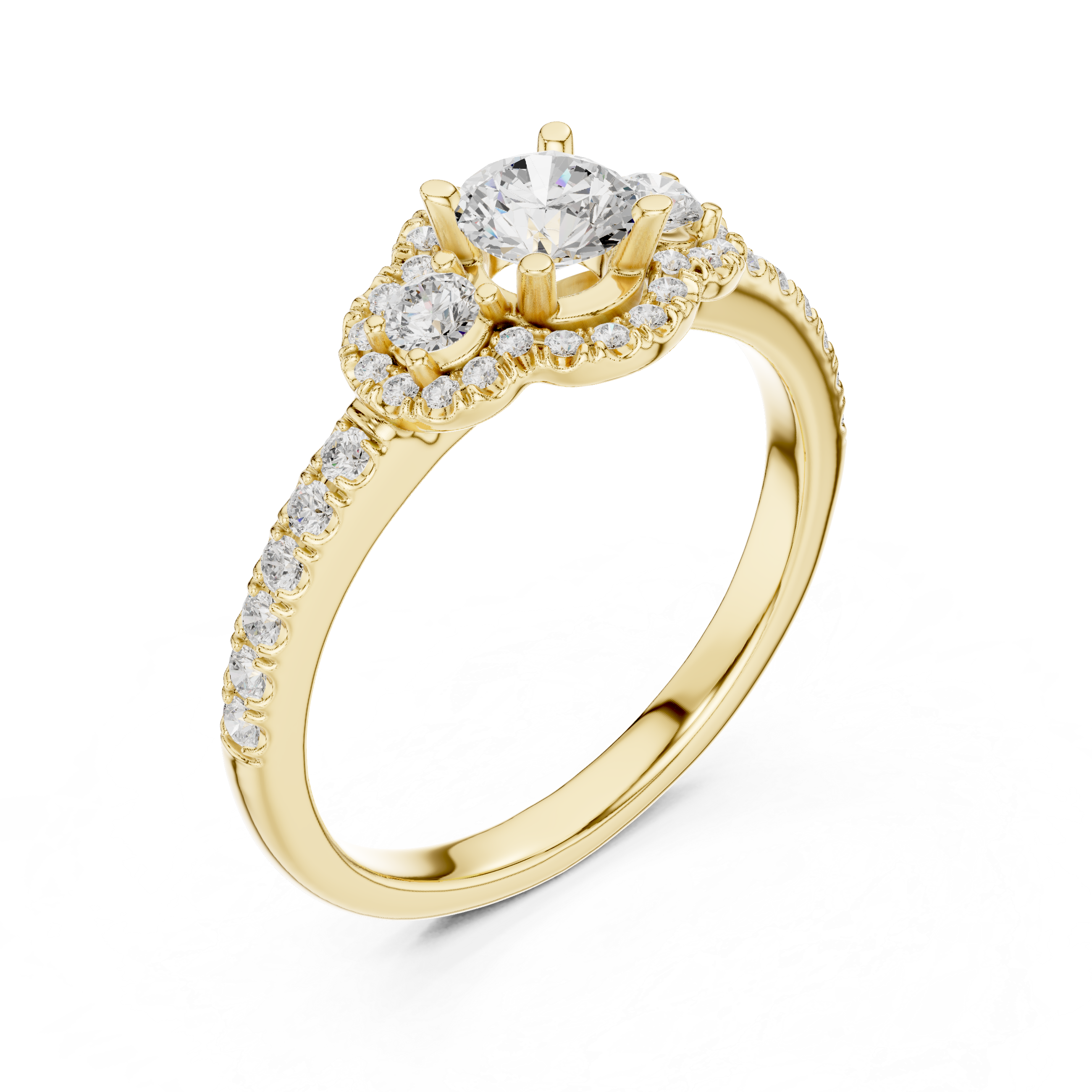 Trio Diamond Halo Ring with Sparkling Side Stones