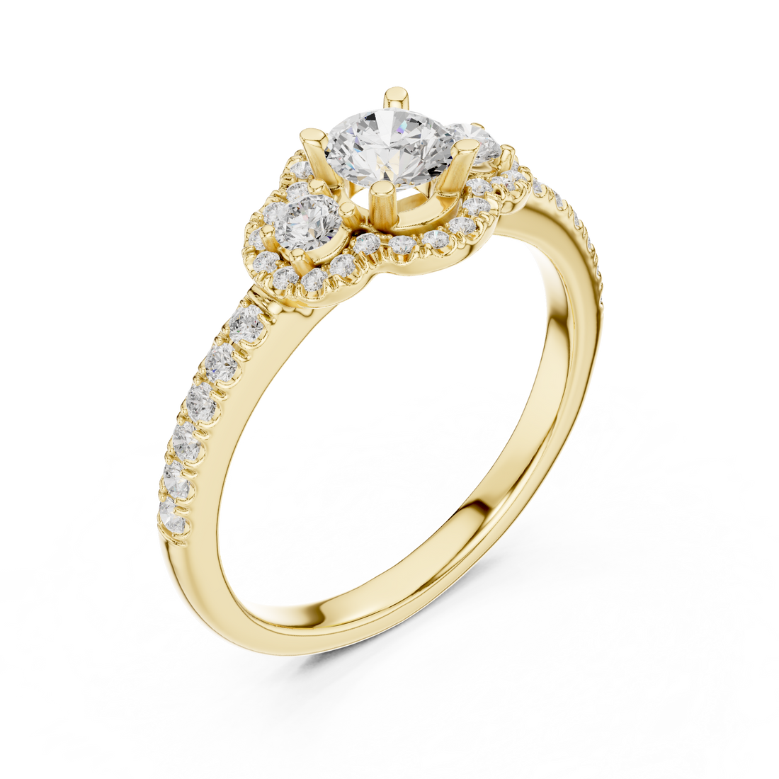 Trio Diamond Halo Ring with Sparkling Side Stones