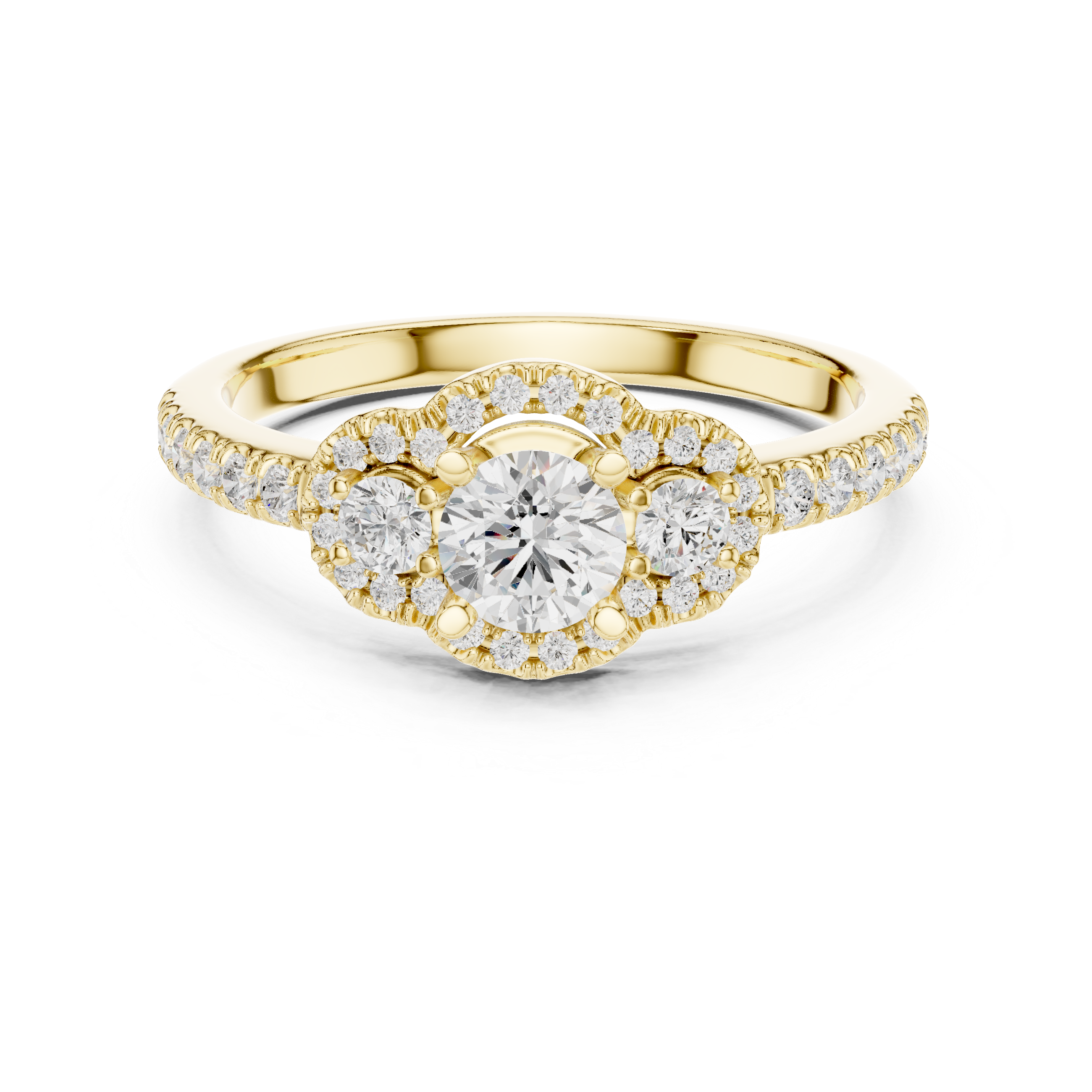 Trio Diamond Halo Ring with Sparkling Side Stones